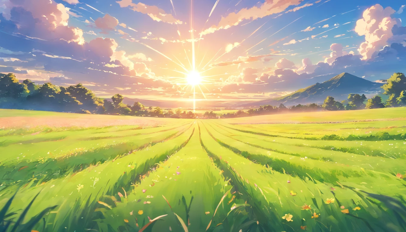 landscape of a field, clouds in a heavenly sky, and a bright sun, cinematic. 8k, realistic