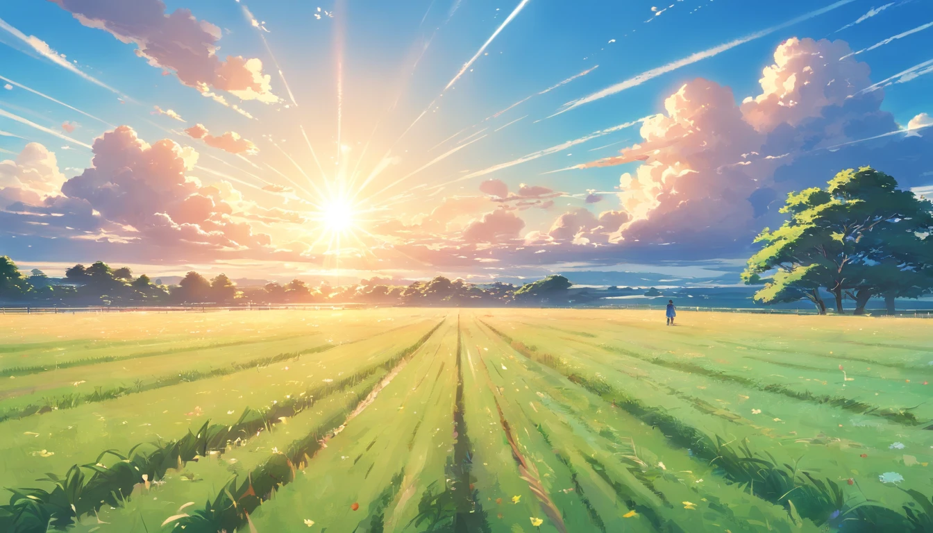 landscape of a field, clouds in a heavenly sky, and a bright sun, cinematic. 8k, realistic