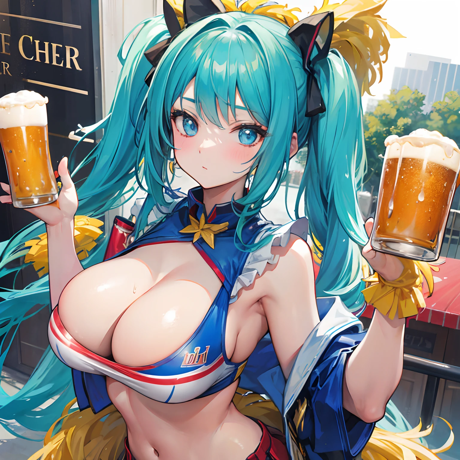 A parade, a busty cheerleader holding a can of beer in each hand, her costume wet with beer and her skin showing through.