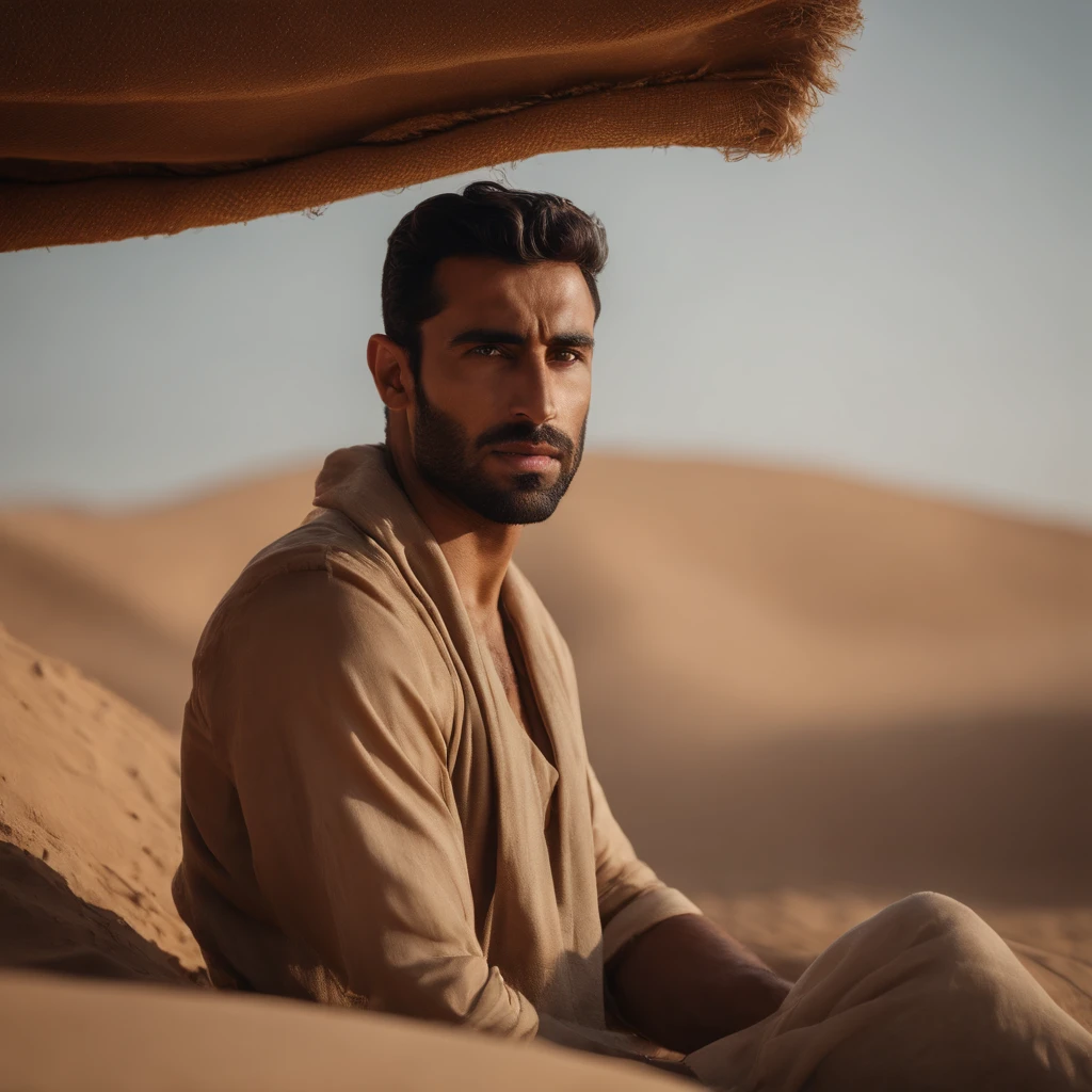 Hyperrealistic cinematic portrait of a handsome 28-year-old Arab man in the desert, sem roupa de cima, There is tension and a sense of danger in the air, corpo musculoso, corpo forte, rosto detalhado, Rosto realista, rosto perfeito, pele realista, pele com textura, pele texturizada, pele detalhada, qualidade 8k, foco nítido