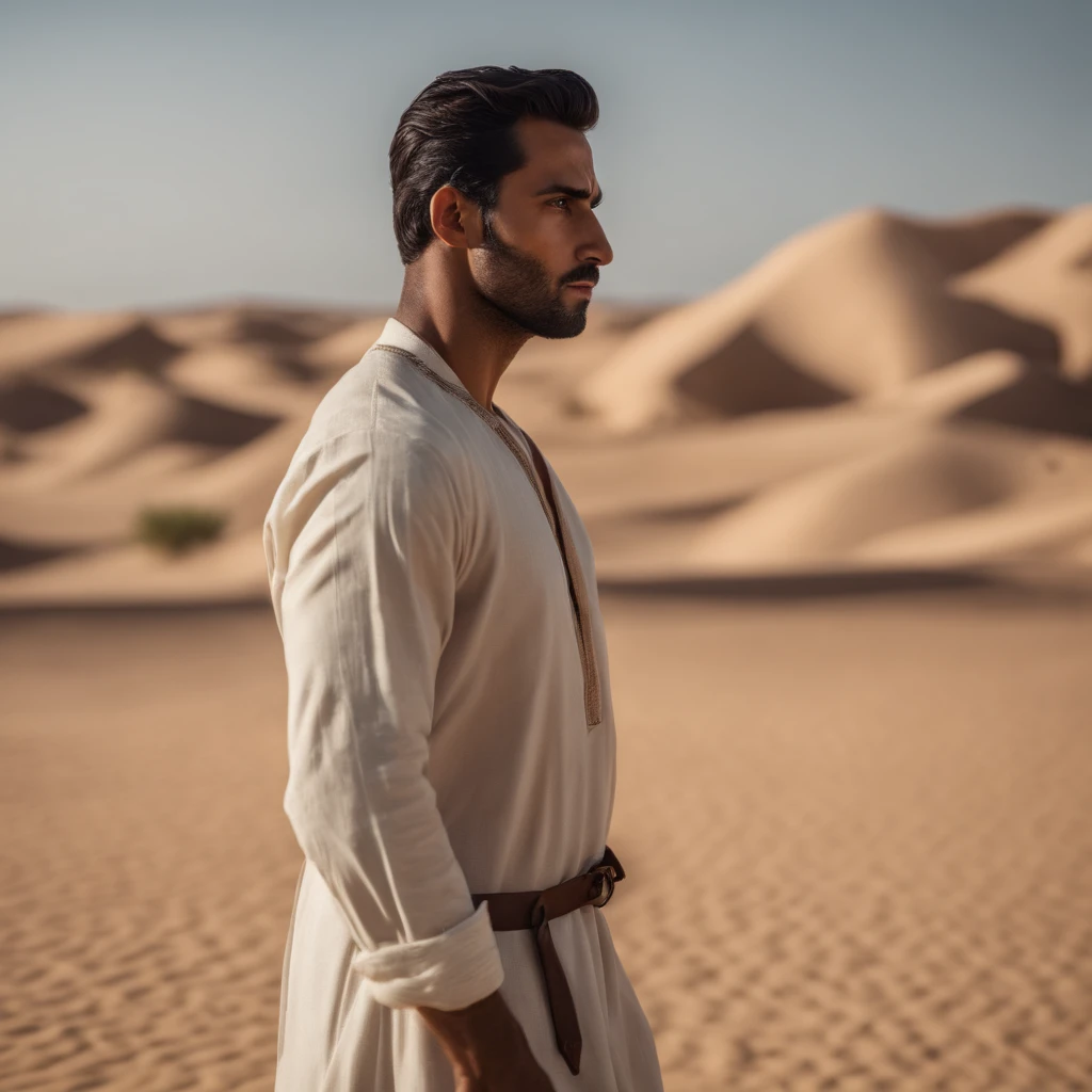 Hyperrealistic cinematic portrait of a handsome 28-year-old Arab man in the desert, sem roupa de cima, There is tension and a sense of danger in the air, corpo musculoso, corpo forte, rosto detalhado, Rosto realista, rosto perfeito, pele realista, pele com textura, pele texturizada, pele detalhada, qualidade 8k, foco nítido