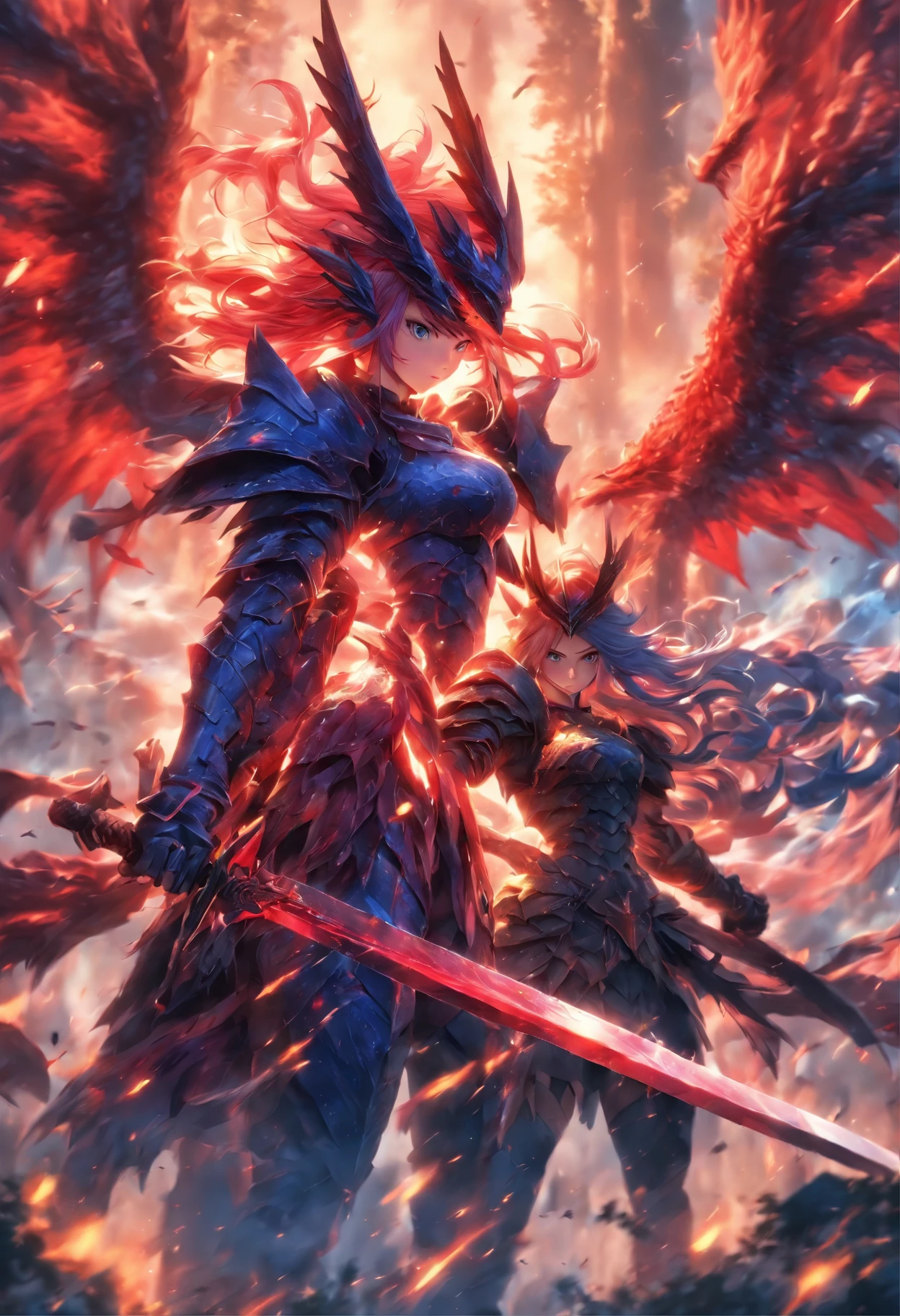 2 girls in armor with long sword, Blue and red hair fight against devils with, Dragon-like wings hinder clouds and forest, UHD, masterpiece, anatomically correct, high details, super detail, textured skin, best quality, 8k