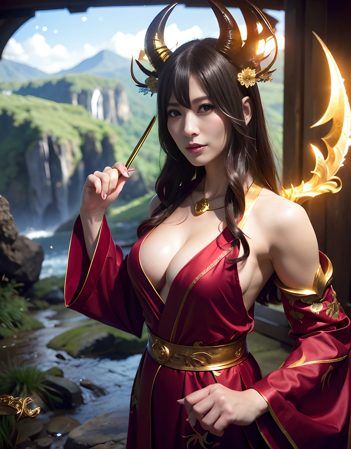 ((World of Darkness)),Professional , masterpiece、top-quality、photos realistic , depth of fields 、(sexypose)、(Red maple on full bloom background),(Ultimate Beauty)、A dark-haired、(shrine background)、(Kimono with beautiful pattern)、(Night background)、Beautiful hair ornament on the head、((Precipitous cliffs)),(Wear a beautiful kimono),(Wear a beautiful kimono with colorful floral patterns)、Jewel Gold Weapon、Particles of light),(Wearing a wizard's hat)、Gorgeous gold weapons ,Castle background、(( Gorgeous Dragon Sword)) , (a dark night),,(maikurobikini) 、((Black Haired Beautiful Girl))、(Castle background)、(demonic wings)、((Gangle's forest background))、Beautiful Caucasian beauty、1a person、dynamic ungle,(((Two devil's horns on the head)))、Smaller head、Idle Smile、Thin and beautiful female hands、Mystical expression、Light Effects、intense fighting、Wind-effect、magic circles、With the legendary magic wand、Dragon's tail、