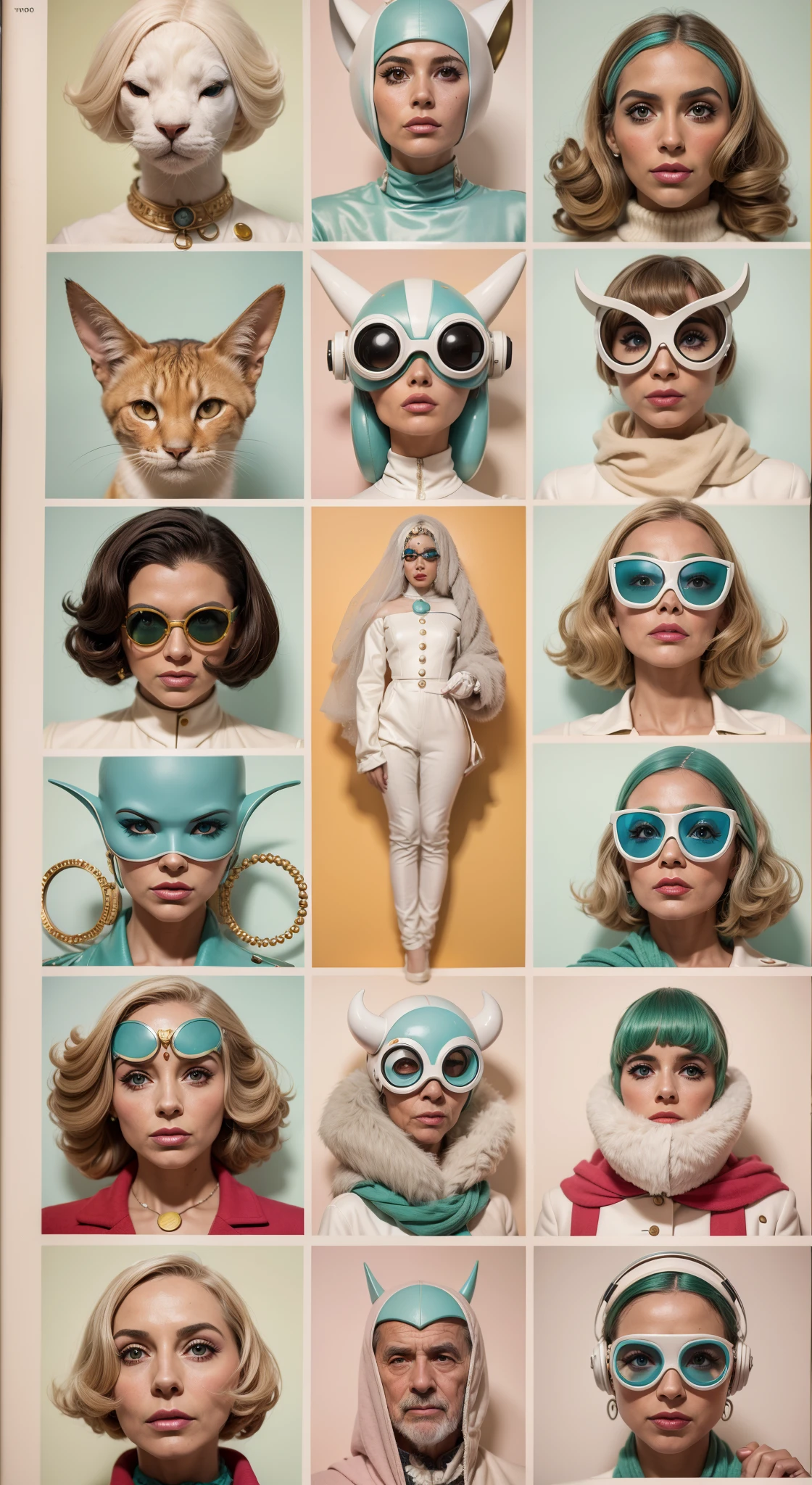 8k portrait of a 1960s science fiction film by Wes Anderson, Vogue anos 1960, pastels colors, There are people wearing weird futuristic masks and wearing extravagant retro fashion outfits and men and women wearing alien makeup and old ornaments with mechanical pets in town, Luz Natural, Psicodelia, futurista estranho, fotorrealista, hiper detalhado, foco nítido, Intrinsic, Fuji filmes 55mm,