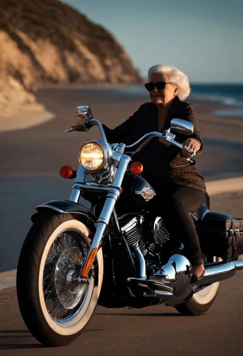 Black harley cruiser with an old woman on it cruising down the coast, 8k masterpiece, perfect lighting, stunning details, shadow play, detailed
hues