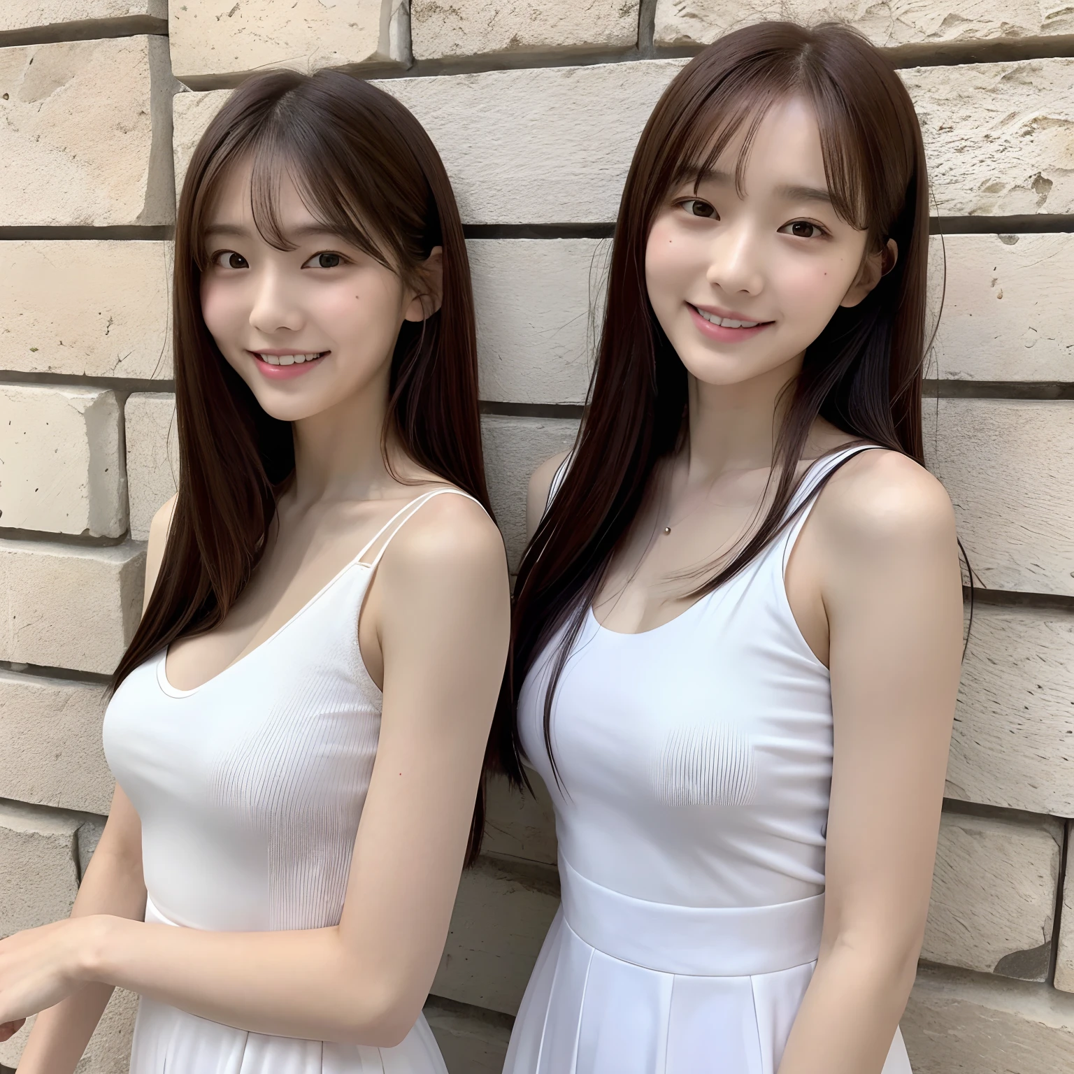 (Best Quality, 8K, masutepiece, Ultra HD: 1.3),japanes、Identical twin sisters who are indistinguishably similar、White bare top leaning against wall, 、bangss、ssmile