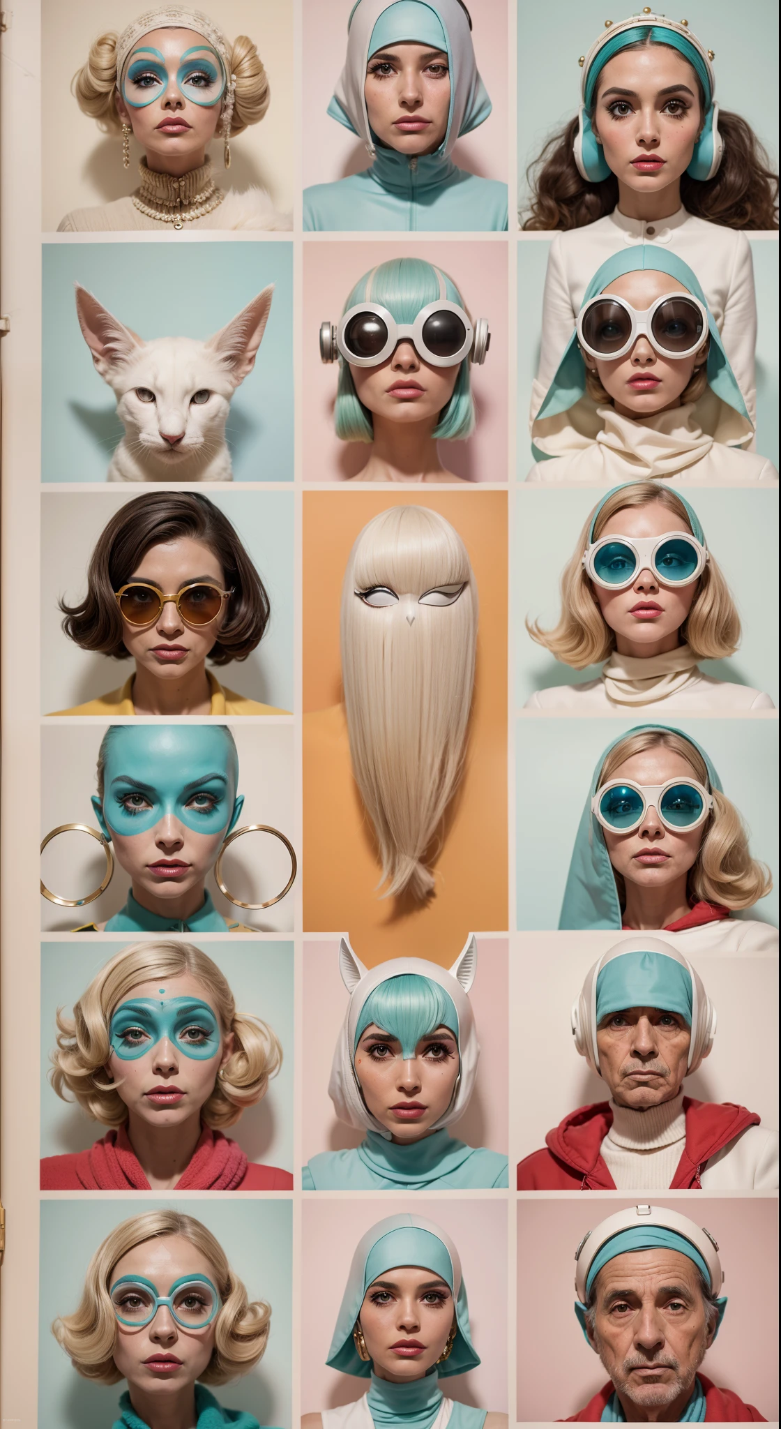 8k portrait of a 1960s science fiction film by Wes Anderson, Vogue anos 1960, pastels colors, There are people wearing weird futuristic masks and wearing extravagant retro fashion outfits and men and women wearing alien makeup and old ornaments with mechanical pets in town, Luz Natural, Psicodelia, futurista estranho, fotorrealista, hiper detalhado, foco nítido, Intrinsic, Fuji filmes 55mm,