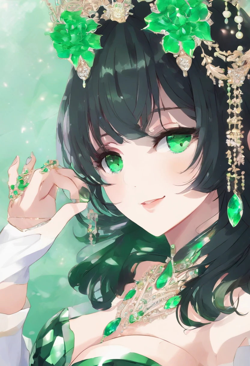 Boyish very short black hair, lipsticks, Japan woman smiling, Green Long Grove,　Emerald Tia boyish very short black hair, lipsticks, Japan woman smiling, Satin green long gloves, Green Pearl Necklace, verd s eyes, Green eyes, Long green gloves made of satin material, big breasts beautiful, Green Bridal Veil, Green eyes, Emerald Earrings,emerald tiara, Green eyes
