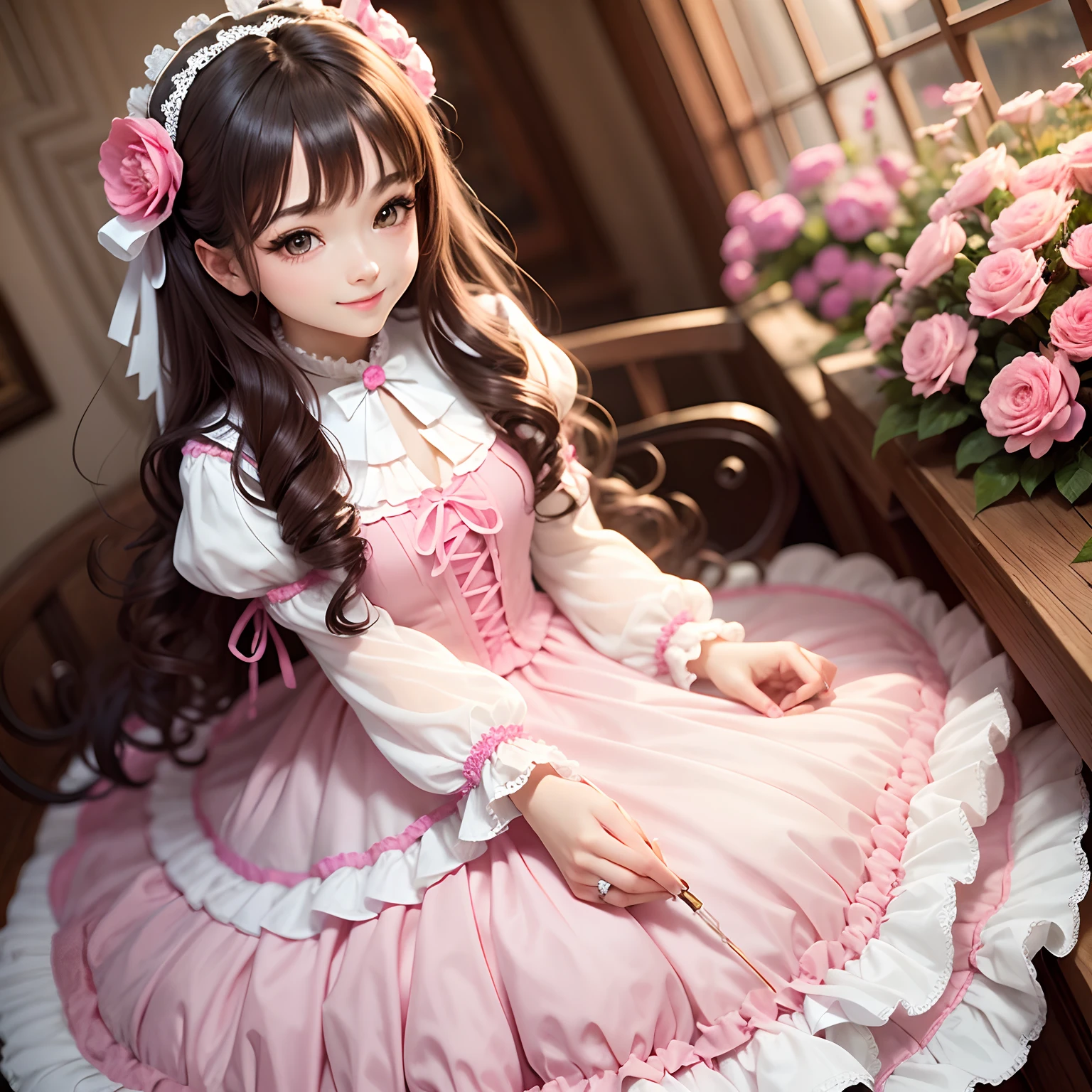 Curly long hair brown，Beautiful girl１a person，Lolita fashion in white and pink colors，Western-style room，There are a lot of flowers，Fine quality，Fine hands，Fine fingers，Smiling，Best Quality，top-quality，