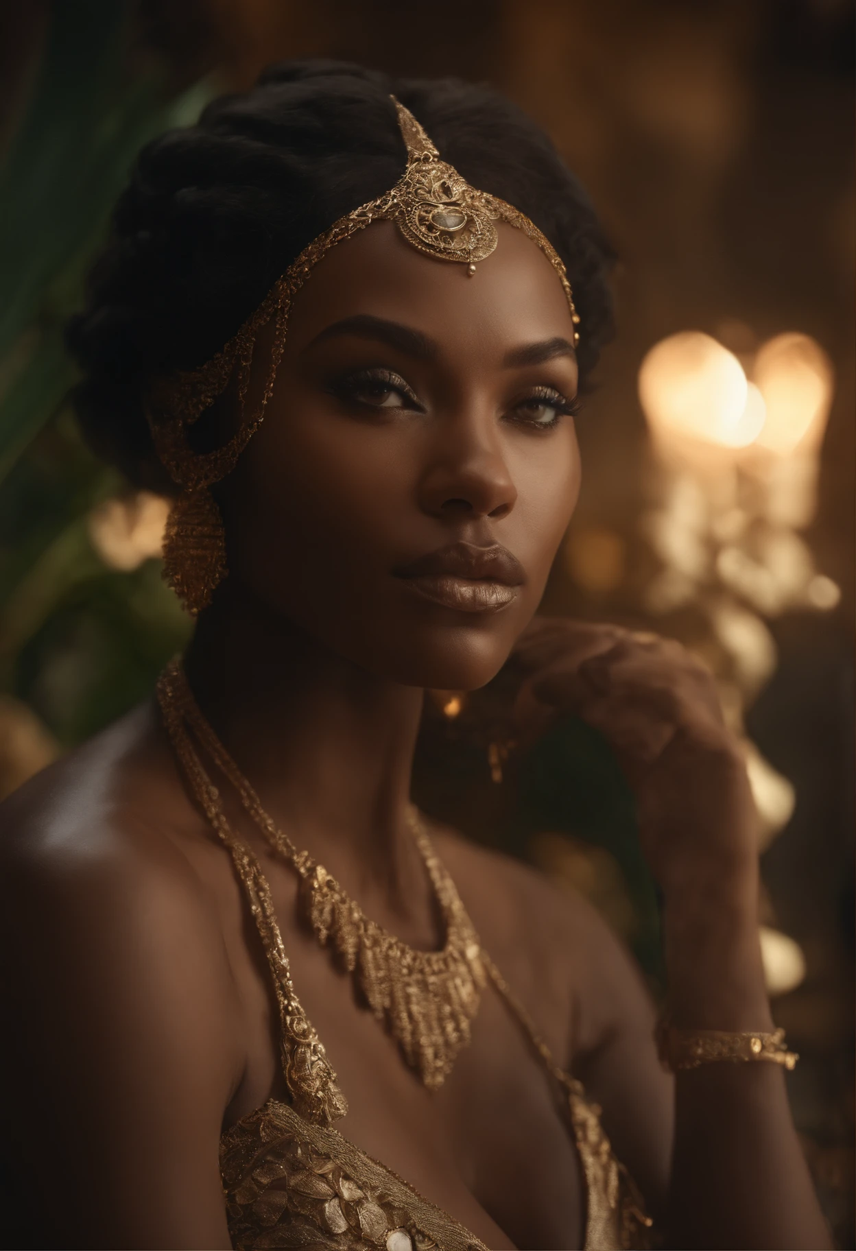 African woman facing with ox skull on head, Earrings and neck embellishments and good contrasts