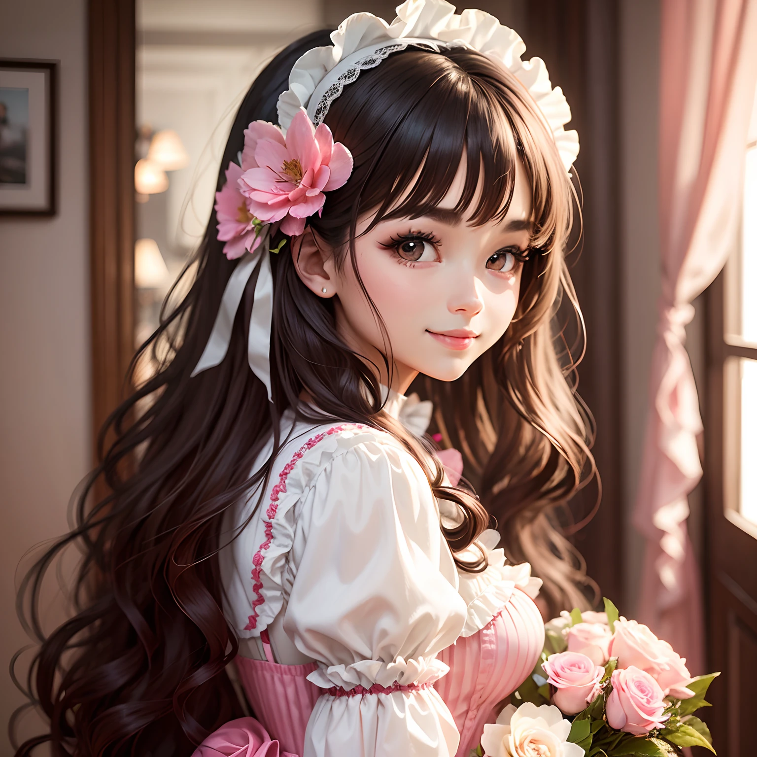 Curly long hair brown,Beautiful girl1a person,Lolita fashion in white and pink colors,Western-style room,There are a lot of flowers,Fine quality,Fine hands,Fine fingers,Smiling,Best Quality,top-quality,