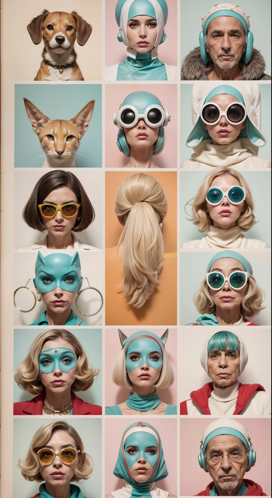 8k portrait of a 1960s science fiction film by Wes Anderson, Vogue anos 1960, pastels colors, There are people wearing weird futuristic masks and wearing extravagant retro fashion outfits and men and women wearing alien makeup and old ornaments with mechanical pets in town, Luz Natural, Psicodelia, futurista estranho, fotorrealista, hiper detalhado, foco nítido, Intrinsic, Fuji filmes 55mm,