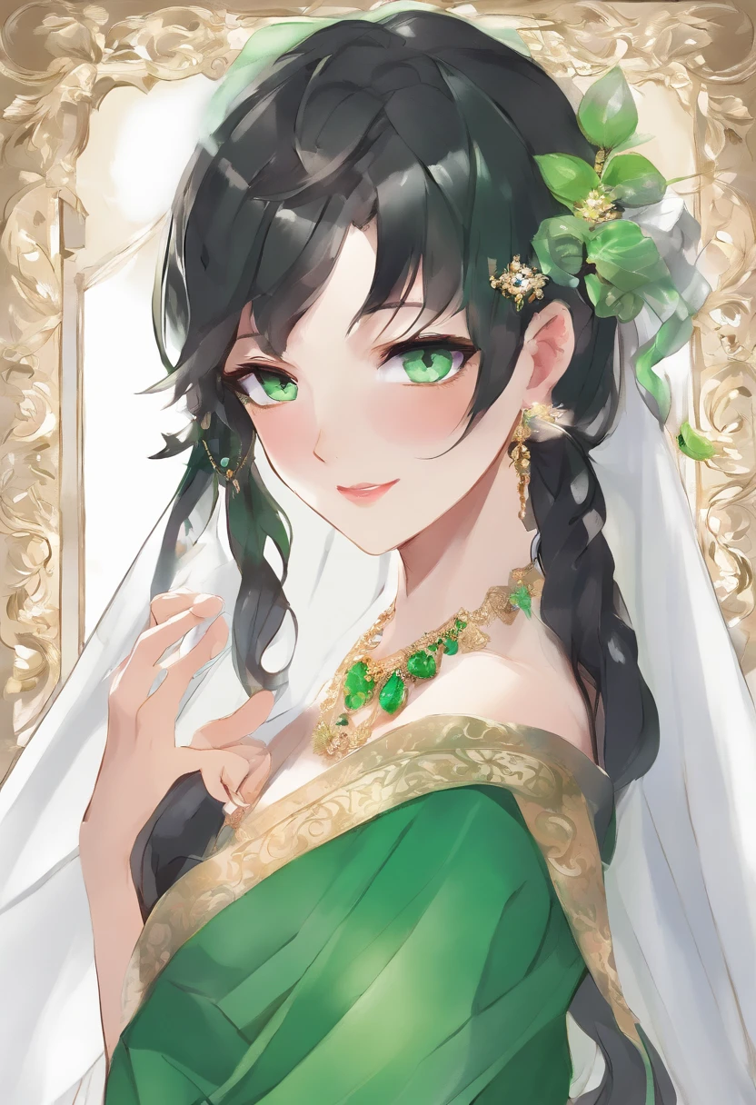 Boyish very short black hair, lipsticks, Japan woman smiling, Green Long Grove, Emerald Tia boyish very short black hair, lipsticks, Japan woman smiling, Satin green long gloves, Green Pearl Necklace, verd s eyes, Green eyes, Long green gloves made of satin material, big breasts beautiful, Green Bridal Veil, Green eyes, Emerald Earrings,emerald tiara, Green eyes