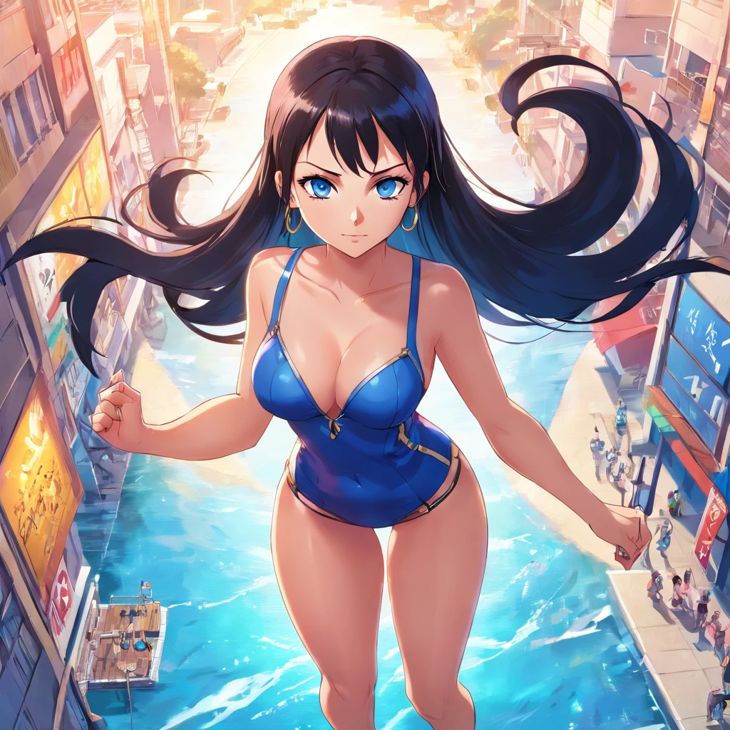 (Nico Robin), masutepiece, Black hair, Blue eyes, Big breasts, Dark wide pupils, pov from above, hoop earrings, Heart-shaped pupil, thighs thighs thighs thighs、Mizuki Yamashita、