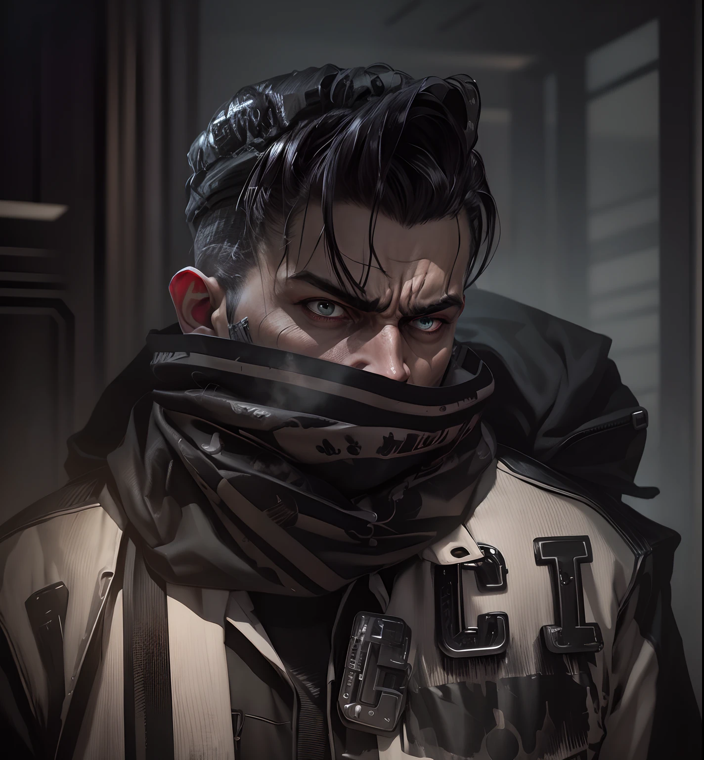 Realistic angry Face hide with luxury clothe, me look like realistic, angry dangerous eyes, angry expressions, angry look, realistic, cyberpunk, 4k, look like realistic, criminal look, gangster, gunslinger, gangwar theme, feel like realistic, super ultra realistic, dark war dangerous theme