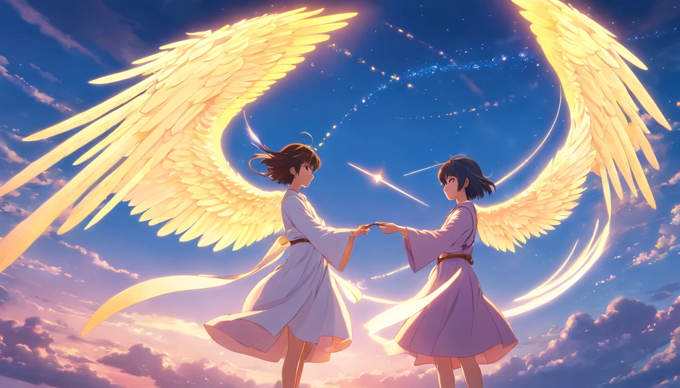 Two male angels falling from heaven, one has black wings and the other has white wings, they are wearing a transparent white velvet, they have autumn ornaments on their heads