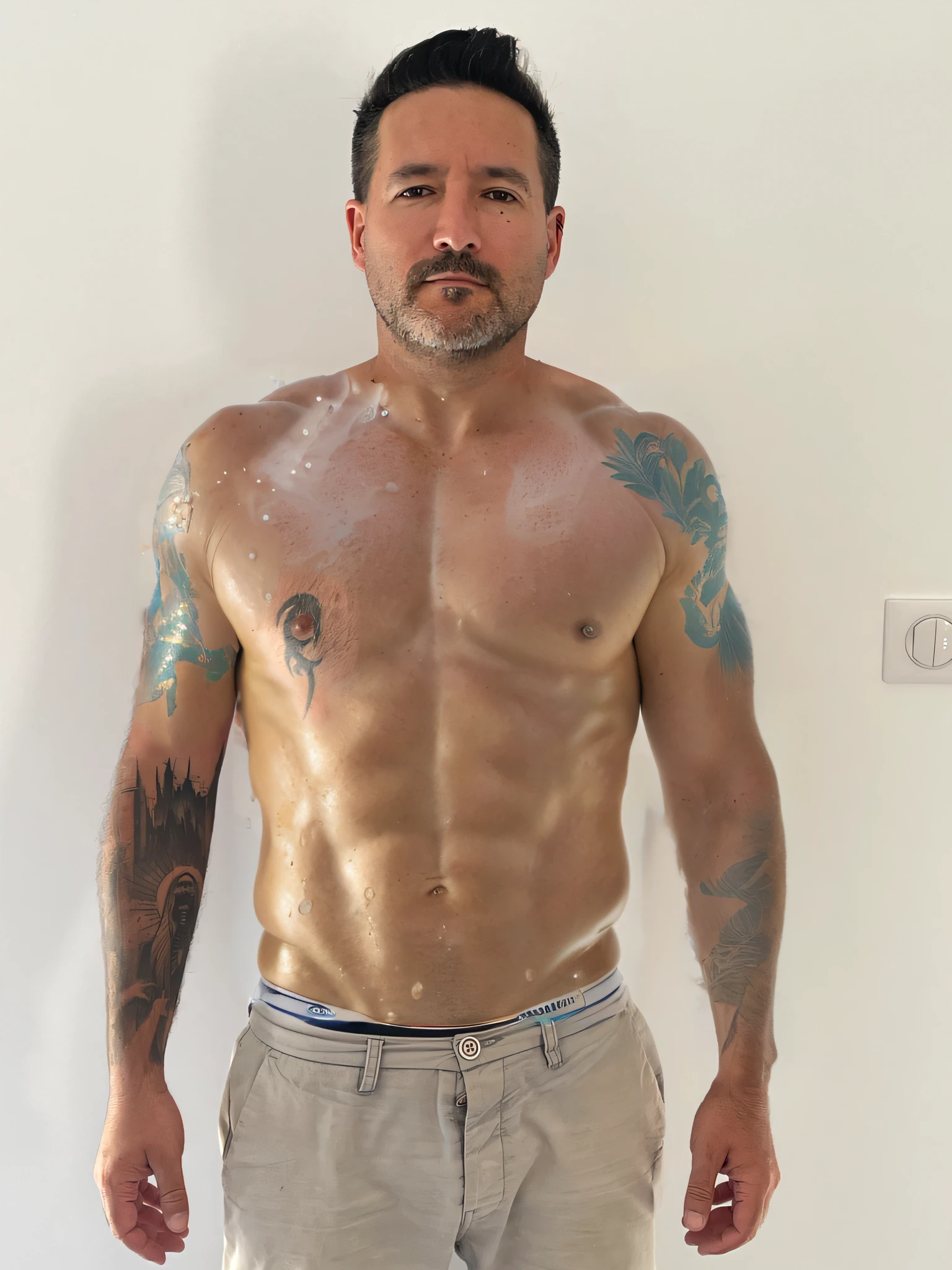 sporty swimmer's body, tattooed right arm, no tattoos on the chest,muscular build, athletic physique, fit and toned, strong and powerful, energetic, swimmer's physique, defined muscles, sculpted abs, lean body, muscular arms and legs, chiseled features, body in motion, water splashes, competitive swimmer, intense workout, water resistance, swimming pool, diving board, goggles, swimming cap, speed and agility, dripping wet, dynamic movement, perfect form, cutting through the water effortlessly, powerful strokes, sleek and streamlined, determination and focus, dripping with sweat, adrenaline rush, extraordinary endurance, professional swimmer, Olympic champion, gold medalist, high-performance training, competitive spirit, triumph and achievement, underwater perspective, the sound of water splashing, breathing rhythmically, exertion and dedication, glory and success