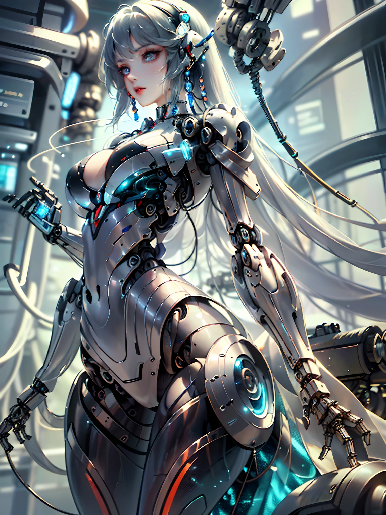 (original),(very detailed wallpaper),very detailed illustrations,(1 Girl),beautiful eyes,(delicate face),perfect detail,large breasts,((mechanical parts)),mechanical spine,mechanization,future,wide hips,laboratory,((mecha)),stylish energy \(module\),repairing,(best lighting),(super complex detail),4K Unity,(super detailed CG:1.2),(8K:1.2),lifelike,