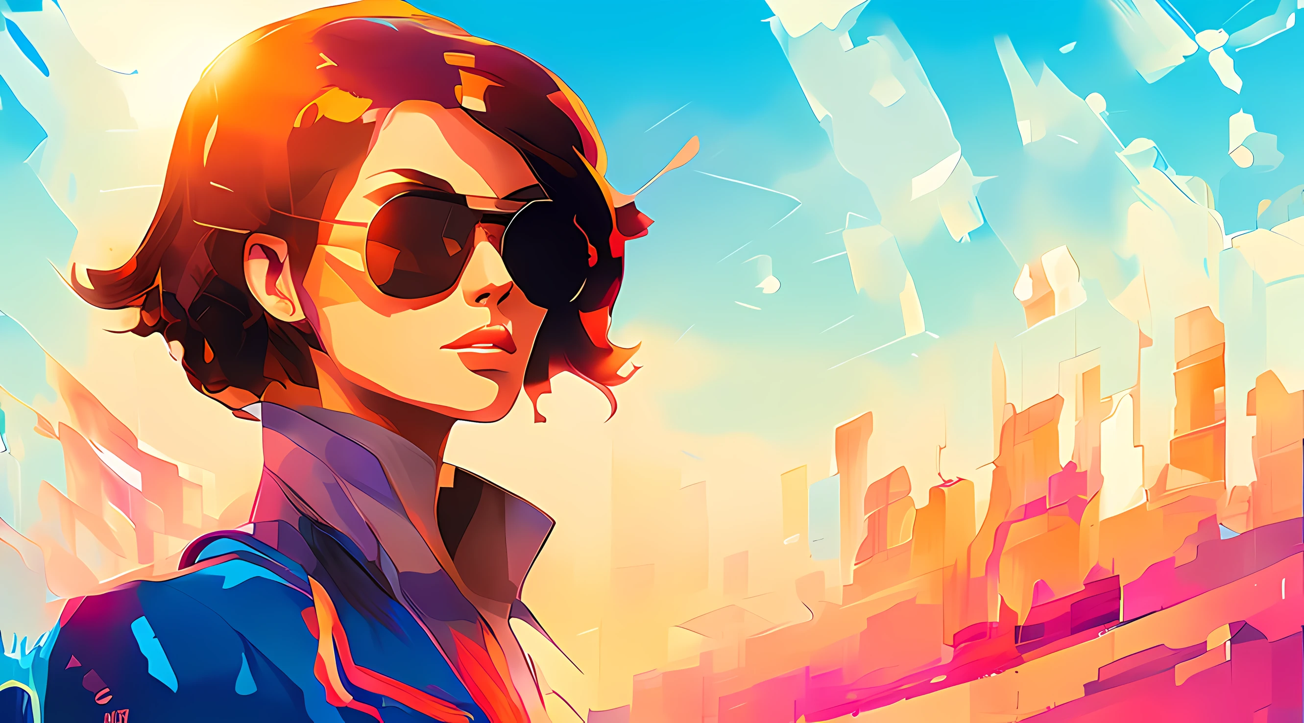 Anime girl with sunglasses and a white shirt and a blue tie, Jen Bartel, in illustration style digital, estilo de arte digital, Arte digital Ilya Kuvshinov, Estilo de Alena Aenami, estilo de pintura digital, pintura digital vibrante, estilo pintura digital, pintura digital colorida, artistic. Alena Aenami, em estilo de pintura digital, Estilo na pintura digital