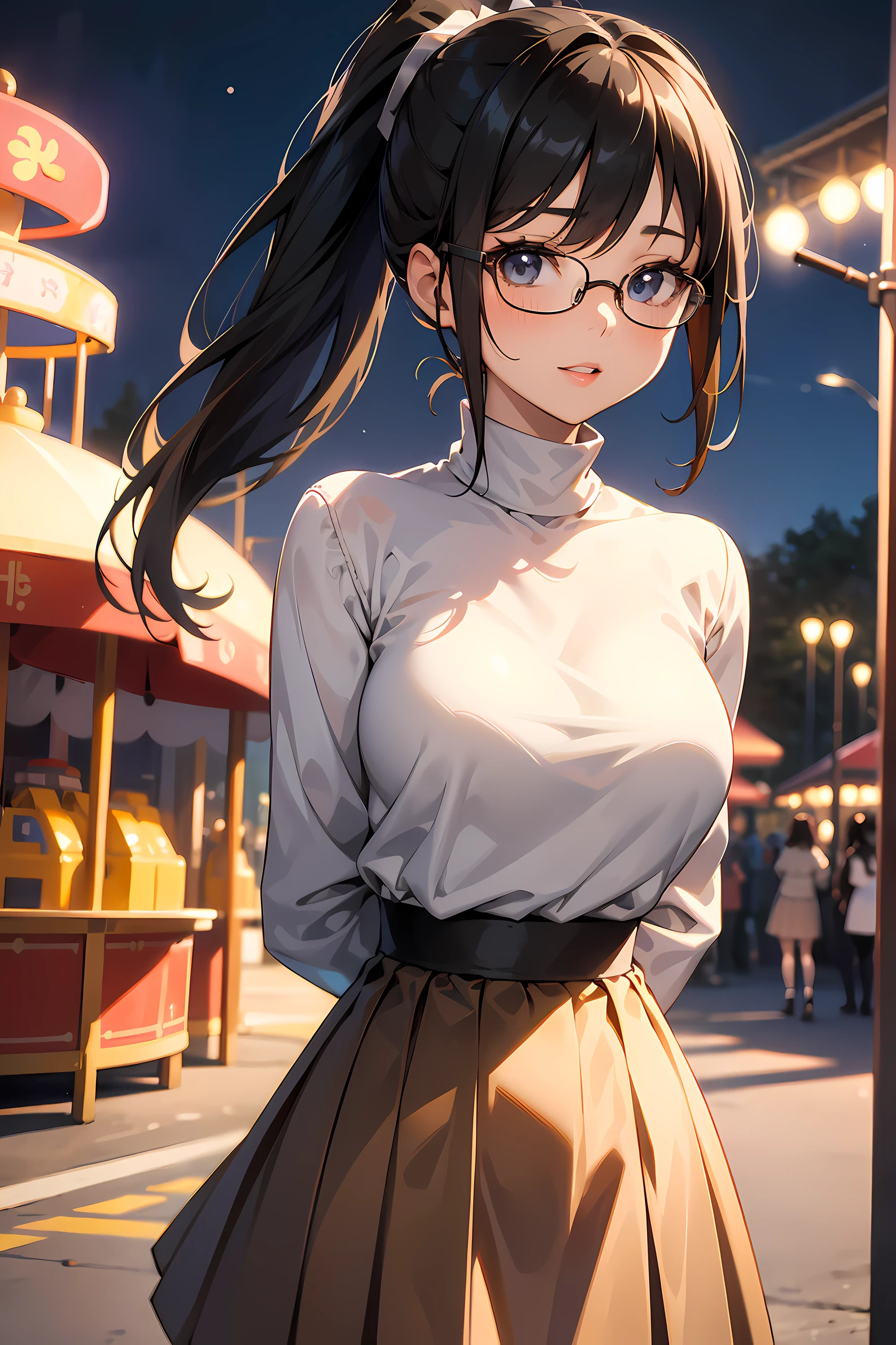 high resolution, Photo of a beautiful woman detailed_face, young handsome girl,realistic:0.5, perfect skin, (wearing a glasses:1.5), (ultra-detailed background, detailed background), bokeh, make happy expressions, happy emotion, gorgeous,pure, beautyfull detailed face and eyes,breasts, (black eyes:1.1), (a extremely pretty and beautiful Japanese woman), (sexy girl), (professional attire:1.3), (22 years old: 1.1), BREAK, (lovely outfit:1.2), (detailed blue turtleneck sweater:1.2), (beige pleats skirt:1.2), (leather boots))), cleavage, beautiful detailed skin, (cute:1.2), (blonde hair), ((jpop idol)), (upper thigh:0.6), (depth of field),soft light, Lens Glow looking at viewer, (Drooping eyes:1.2), straight teeth,smile, floating hair, (blond hair:1.2), brown eyes BREAK scene, cinematic, full colors, 4k, 8k, 16k, RAW photo, masterpiece, professionally color graded, professional photography, high school girl, hair up, , soft clean focus, realistic lighting and shading, (an extremely delicate and beautiful art)1.3, elegant,active angle,dynamism pose BREAK (ponytail:1.3), (shiny-black thin hair:1.2), bangs, dark brown eyes, beautiful eyes, princess eyes, (big eyes:1.3), bangs, wearing a glasses:1.3, Hair between eyes, short hair:1.3, (slender:1.1), (medium-breasts:0.95), (thin waist: 1.15), (detailed beautiful girl: 1.4), Parted lips, Red lips, full-make-up face, (shiny skin), ((Perfect Female Body)), (upper body image:1.3), Perfect Anatomy, Perfect Proportions, (most beautiful Korean actress face:1.3, extremely cute and beautiful Japanese actress face:1.3), ,(1glasses girl:1.3, solo), ,(blush:1.1), gray background, solo focus, (bust shot:1.2), cinematic light, (nostalgic night scene:1.4), (amusement park:1.4), (merry-go-round、the Ferris wheel、rollercoaster), (arms behind back :1.4), (looking at viewer:1.2