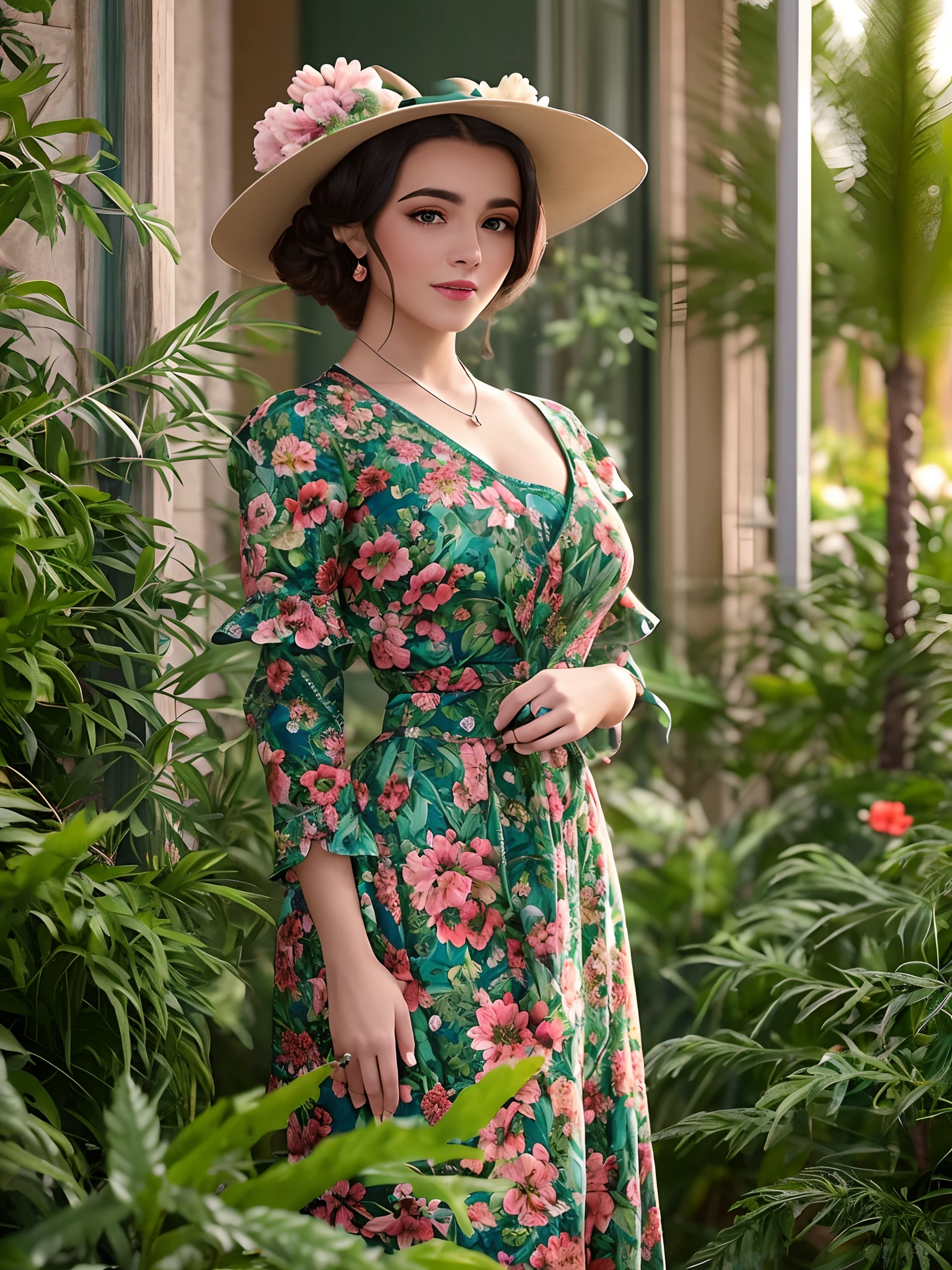 A realistic image of a beautiful woman dressed in costumes from the 20's, em um jardim florido e exuberante. A mulher deve estar cercada por flores coloridas, with an elegant hat and a vintage dress that reflects the fashion of the time. The image should have a resolution of 8k to ensure sharp detail, and the garden scenery should be lit up as if it were in a photographic studio, destacando a beleza da mulher e das flores de forma realista. --auto --s2