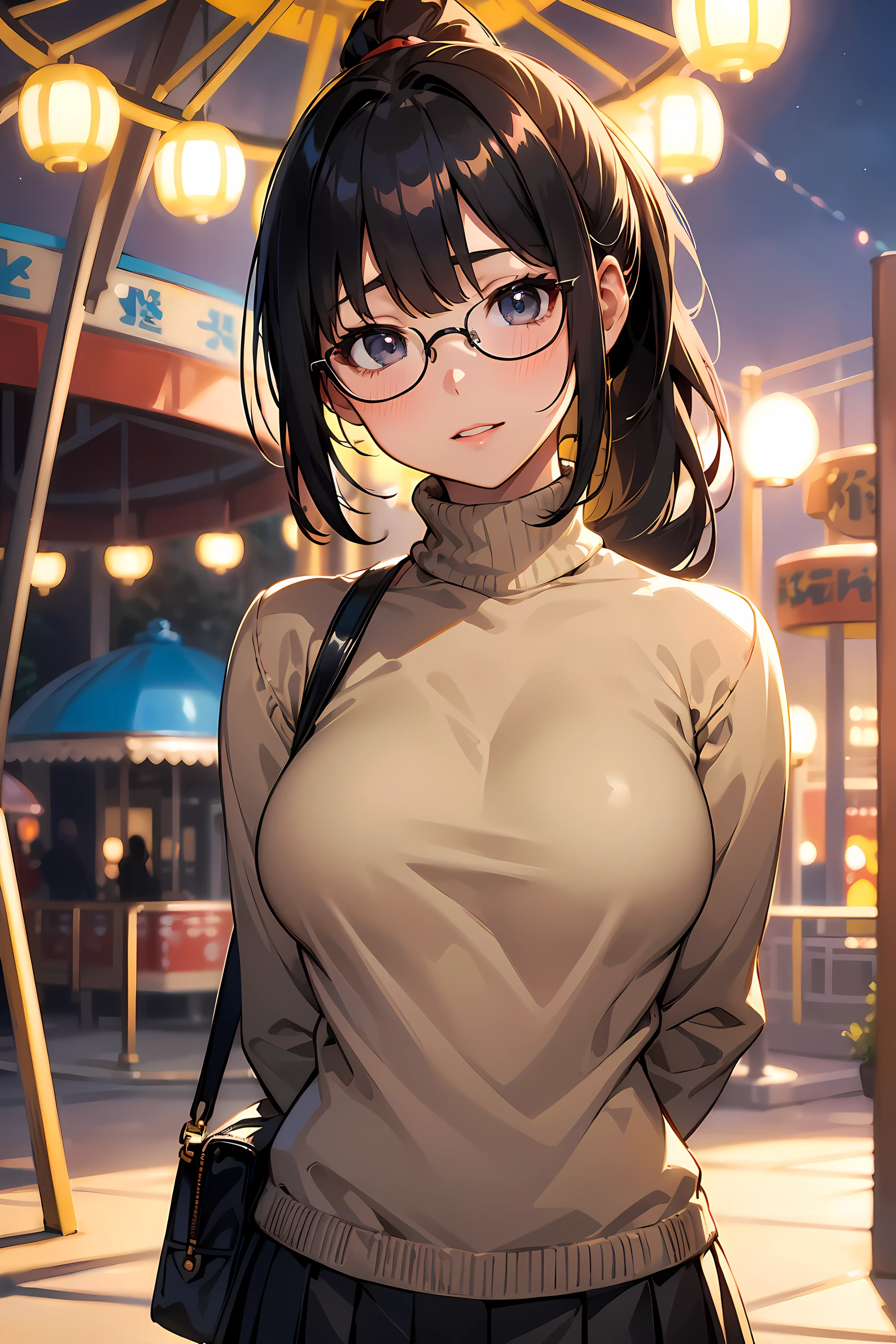 high resolution, Photo of a beautiful woman detailed_face, young handsome girl,realistic:0.5, perfect skin, (wearing a glasses:1.5), (ultra-detailed background, detailed background), bokeh, make happy expressions, happy emotion, gorgeous,pure, beautyfull detailed face and eyes,breasts, (black eyes:1.1), (a extremely pretty and beautiful Japanese woman), (sexy girl), (professional attire:1.3), (22 years old: 1.1), BREAK, (lovely outfit:1.2), (detailed blue turtleneck sweater:1.2), (beige pleats skirt:1.2), (leather boots))), cleavage, beautiful detailed skin, (cute:1.2), (blonde hair), ((jpop idol)), (upper thigh:0.6), (depth of field),soft light, Lens Glow looking at viewer, (Drooping eyes:1.2), straight teeth,smile, floating hair, (blond hair:1.2), brown eyes BREAK scene, cinematic, full colors, 4k, 8k, 16k, RAW photo, masterpiece, professionally color graded, professional photography, high school girl, hair up, , soft clean focus, realistic lighting and shading, (an extremely delicate and beautiful art)1.3, elegant,active angle,dynamism pose BREAK (ponytail:1.3), (shiny-black thin hair:1.2), bangs, dark brown eyes, beautiful eyes, princess eyes, (big eyes:1.3), bangs, wearing a glasses:1.3, Hair between eyes, short hair:1.3, (slender:1.1), (medium-breasts:0.95), (thin waist: 1.15), (detailed beautiful girl: 1.4), Parted lips, Red lips, full-make-up face, (shiny skin), ((Perfect Female Body)), (upper body image:1.3), Perfect Anatomy, Perfect Proportions, (most beautiful Korean actress face:1.3, extremely cute and beautiful Japanese actress face:1.3), ,(1glasses girl:1.3, solo), ,(blush:1.1), gray background, solo focus, (bust shot:1.2), cinematic light, (nostalgic night scene:1.4), (amusement park:1.4), (merry-go-round、the Ferris wheel、rollercoaster), (arms behind back :1.4), (looking at viewer:1.2