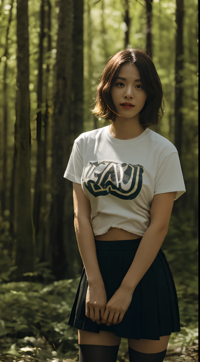 ((Lalisa Manobal)), t-shirt, wearing a t-shirt outside the skirt, pleated skirt, black tights to the waist, high heels, close-up from thighs to face, female body, full body photo, hard nipples, very skin light, short hair, wavy hair, camp, forest, photorealistic, indirect lighting, volumetric light, ray tracing, hyperdetailed