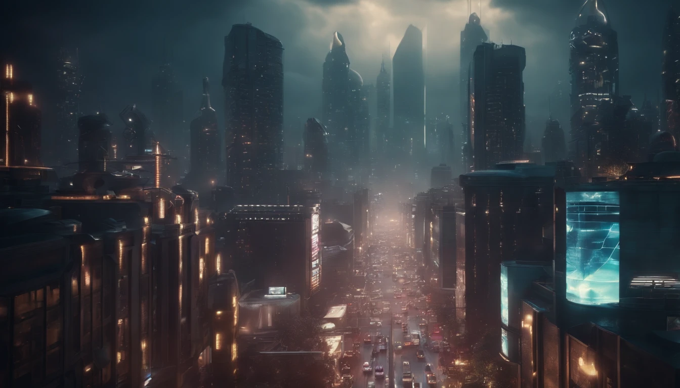 Um quadro fixo, Panoramic cityscape of a futuristic cyberpunk city. cinemactic. 8k. disco Rigido. alta qualidade.