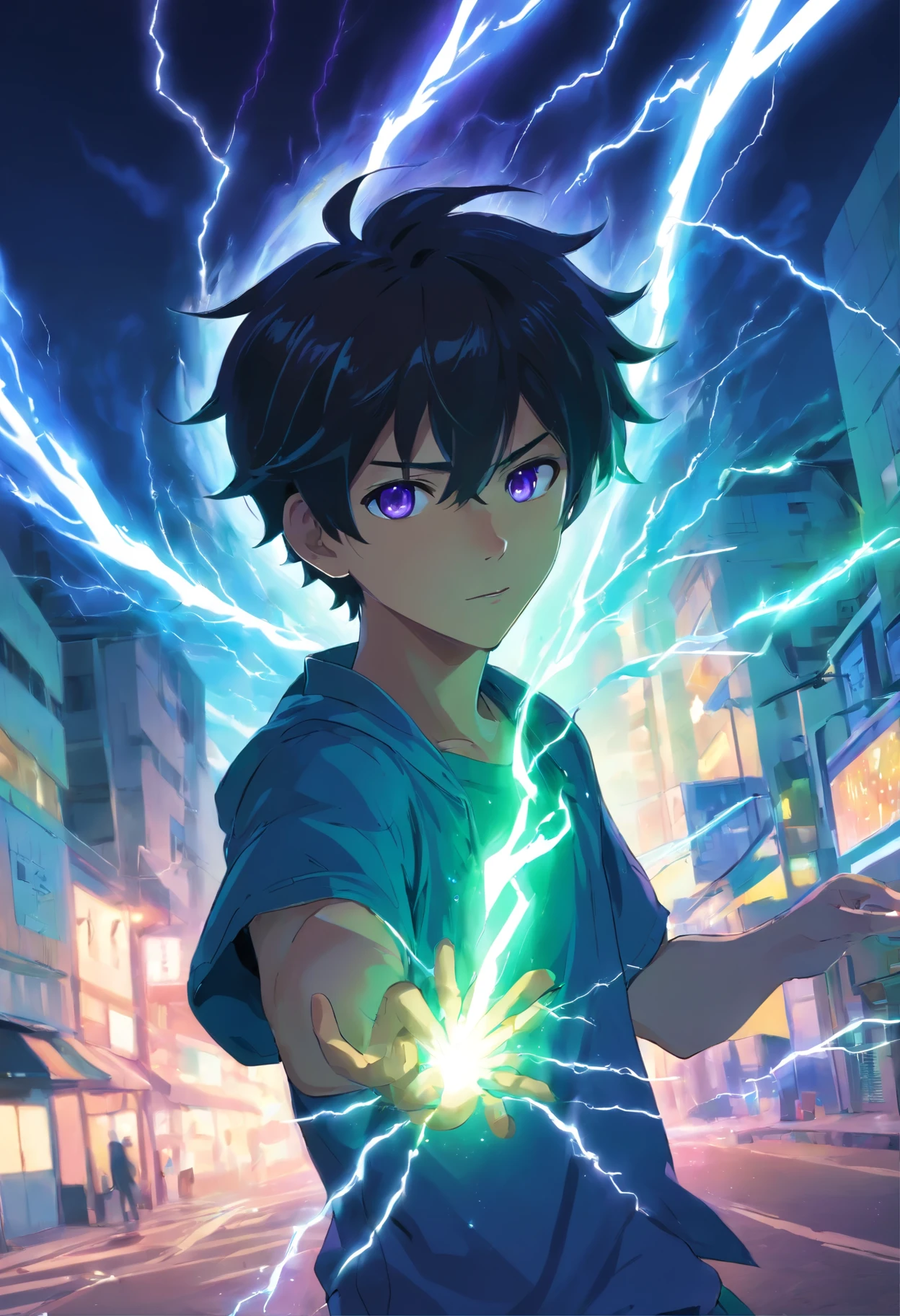 Um jovem homem adulto com cabelos cacheados Azul e branco de olhos verdes vibrantes com uma roupa preta com desenhos azuis, holding a purple lightning bolt in his left hand