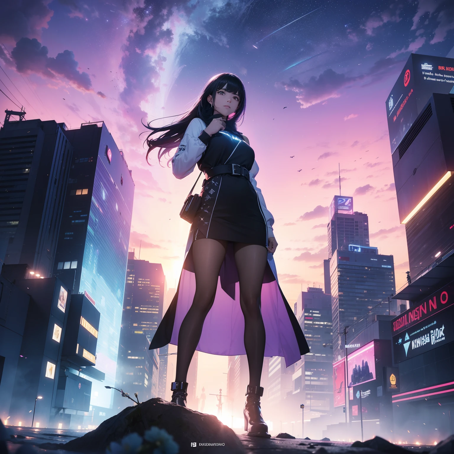 fotografia de paisagem expansiva, (View from below overlooking the sky and street below), Cyberpunk girl standing in a field of flowers looking up, (pegue a chave: 1.2), (estrela cadente: 0.9), (nebulosa: 1.3), cidade distante, tree breaking production art, (fonte de luz quente: 1.2), (neon light: 1.2), bulb, roxo e laranja, detalhe intrincado, volume lighting BREAK (obra-prima: 1.2), (mais alta qualidade), 4k, ultra-detalhado, (Dynamic configuration: 1.4), Detalhes altamente detalhados e coloridos (iridescente: 1.2), (Sparkling lighting, Atmospheric Illumination), sonhador, magia, (sozinho: 1.2), Agora mesmo, Sexo, , hot