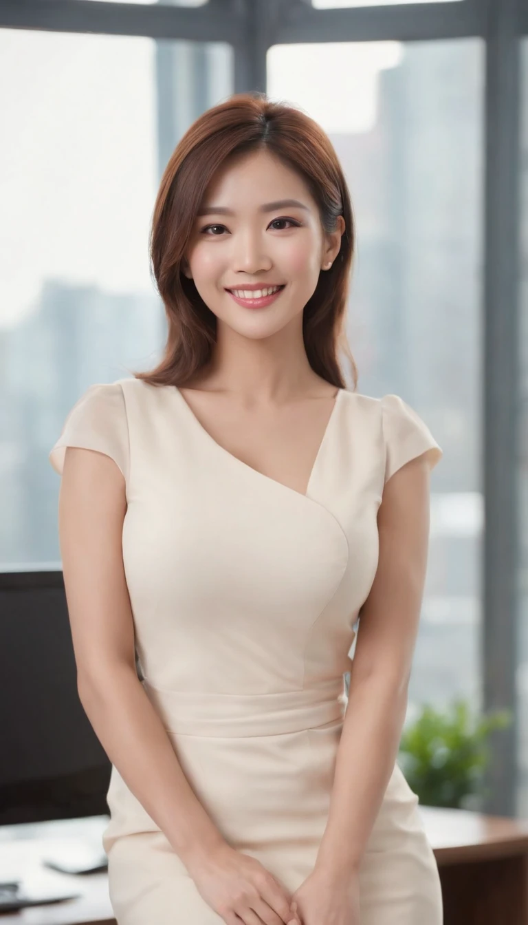 Asian female, Soft light, Clear face, cheerfulness, cheerful big breasts, Smiling, Warm light, ((office backdrop)), (Background)). ((office backdrop)) , (long or short hair), Smile, middle aged women,, Short hair, Smile,Skirt that wraps hips,high-heels,The back is very beautiful
