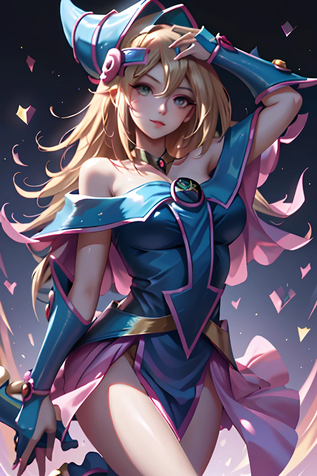 (obra maestra, mejor calidad; 1.3), CG extremadamente detallado, ultra detallado, 1girl dark magician girl, solo, sonrisa, mirando al espectador, elegante ungle, cabello largo rubio, ojos azules,
SV1, uniforme de dark magician girl, guantes de codo, tiara, cuello de marinero Rubio, lazo rojo, gargantilla naranja, guantes blancos, joyas, desde arriba,
muchos corazones, enfoque facial, Venus, tornado, fondo abstracto, tormenta de corazones, rayo de haert, heart bubbles, Heart balls, estrellas haert, Heart flowers, LIGHTS OF THE HEART, heart world, heart background, fondo de la galaxia, heart weapon, Aura of the heart, magia. Dark magician girl hot
