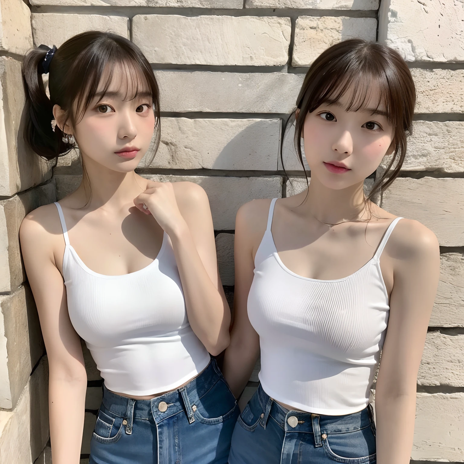 (Best Quality, 8K, masutepiece, Ultra HD: 1.3),japanes、Identical twin sisters who look so much alike that they are indistinguishable、White bare top leaning against wall, 、bangss