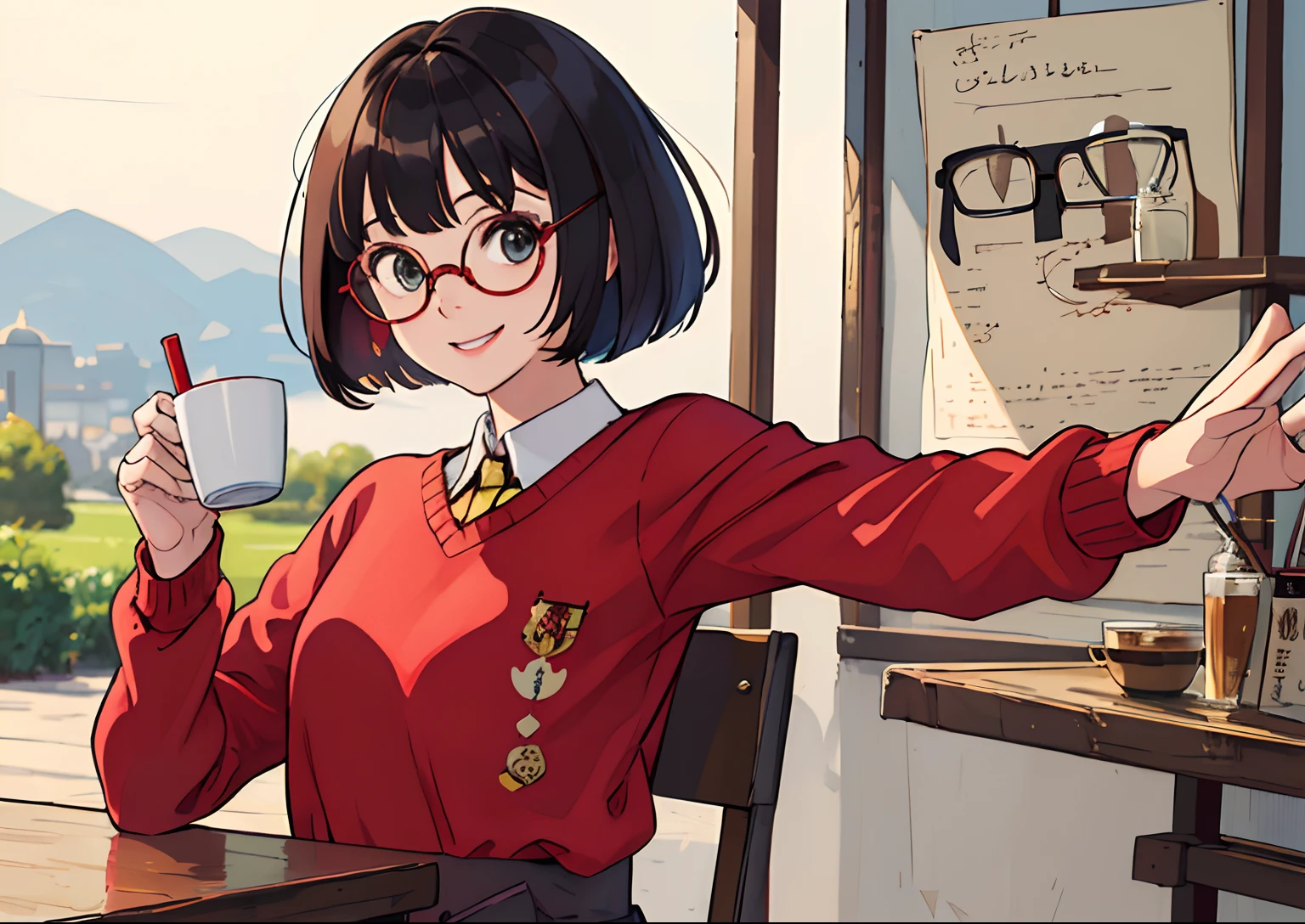 (masterpiece, best quality), 1girl, smiling, pretty, taking a selfie, outdoors, beautiful face, red sweater, holding coffe cup, bob cut hair, cicular harry potter eye glasses, glass in the glasses has the dizzy pattern