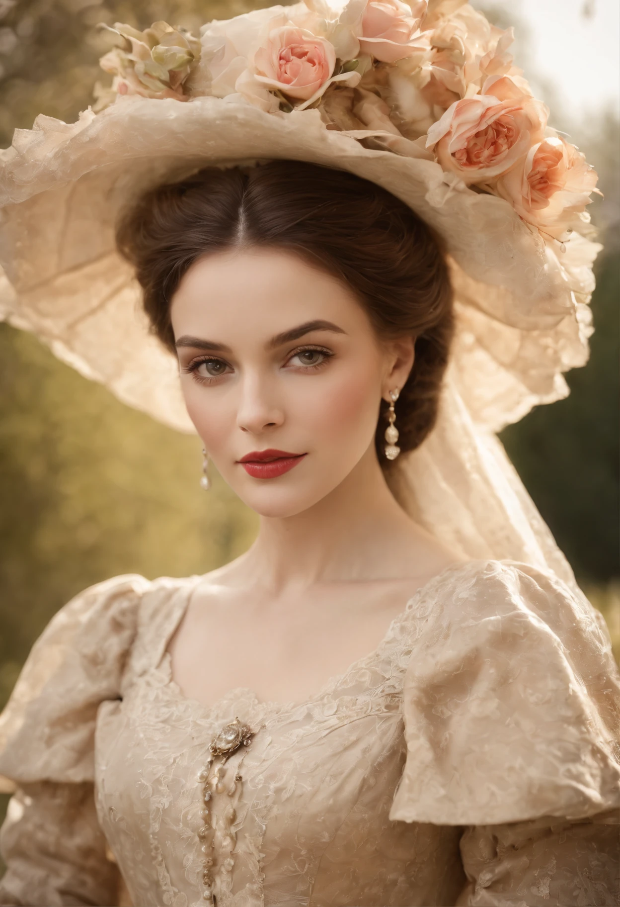 (Masterpiece) An insanely beautiful Victorian lady wearing a rich flowering over the top exaggerated hat, rich jewelry, big earrings, vintage sepia photography, outdoor photography, extremely inviting look, front look, looking at the camera, very old and torned photo