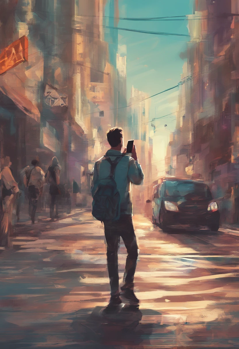 a person who uses a cell phone heaving an emotion or excitement on his face. whereas it looks sketchy, like drawn style. 8k ultra realistic. More pixels, cinematic color grading, cinematic lighting in a wonderful street.