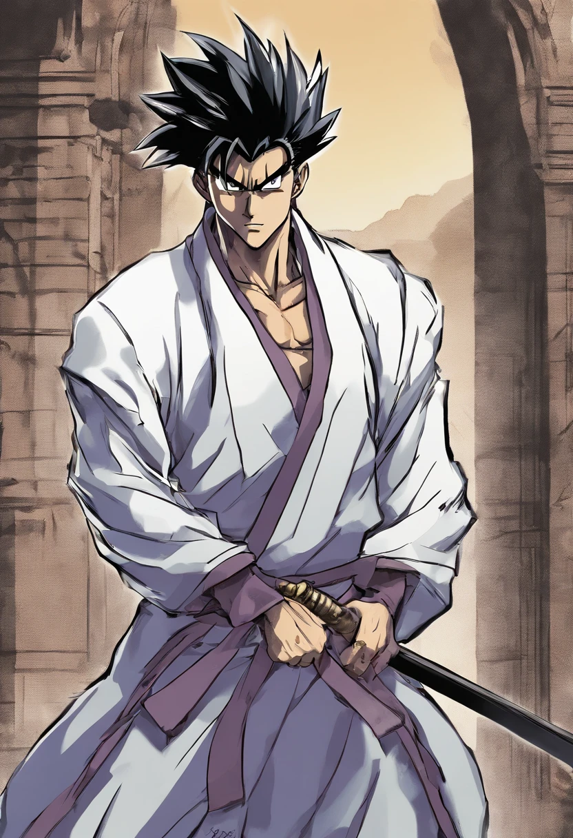personagem de yu yu hakusho, anime, personagem Hiei, (manter fiel a obra de Yoshihiro Togashi) em pose de pernas cruzadas olhando sua espada, detalhado , no duplication, apenas um personagem ( hiei ) realista, digital illustation, cores vibrantes e saturadas, fundo com uma cidade em ruinas
