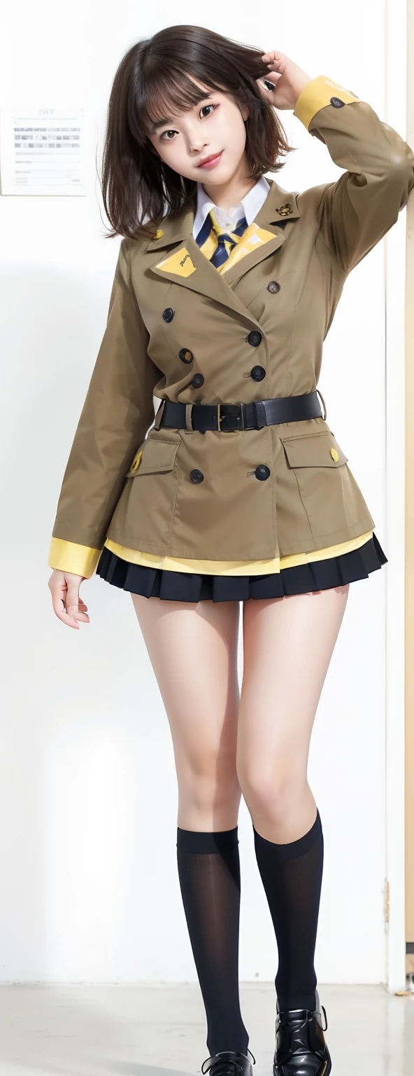 female high-school student、A tall、Yellow uniform、a miniskirt、short-cut、Very nice style(huge-breasted)