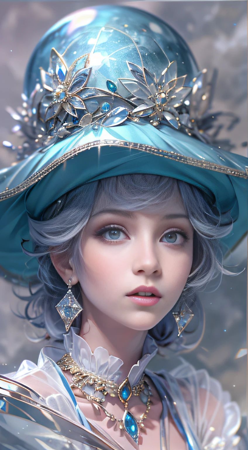 tmasterpiece,alta resolução,((Magic Orb)),Dynamic bust of the beautiful aristocratic maiden,Cabelo castanho castanho elegantemente enrolado,((Wearing a huge blue hat)),roxo olhos claros,The hair is covered with a beautiful and delicate floral craftsmanship, filigrana de joias de cristal,Detalhes ultra-detalhados,ampliado。