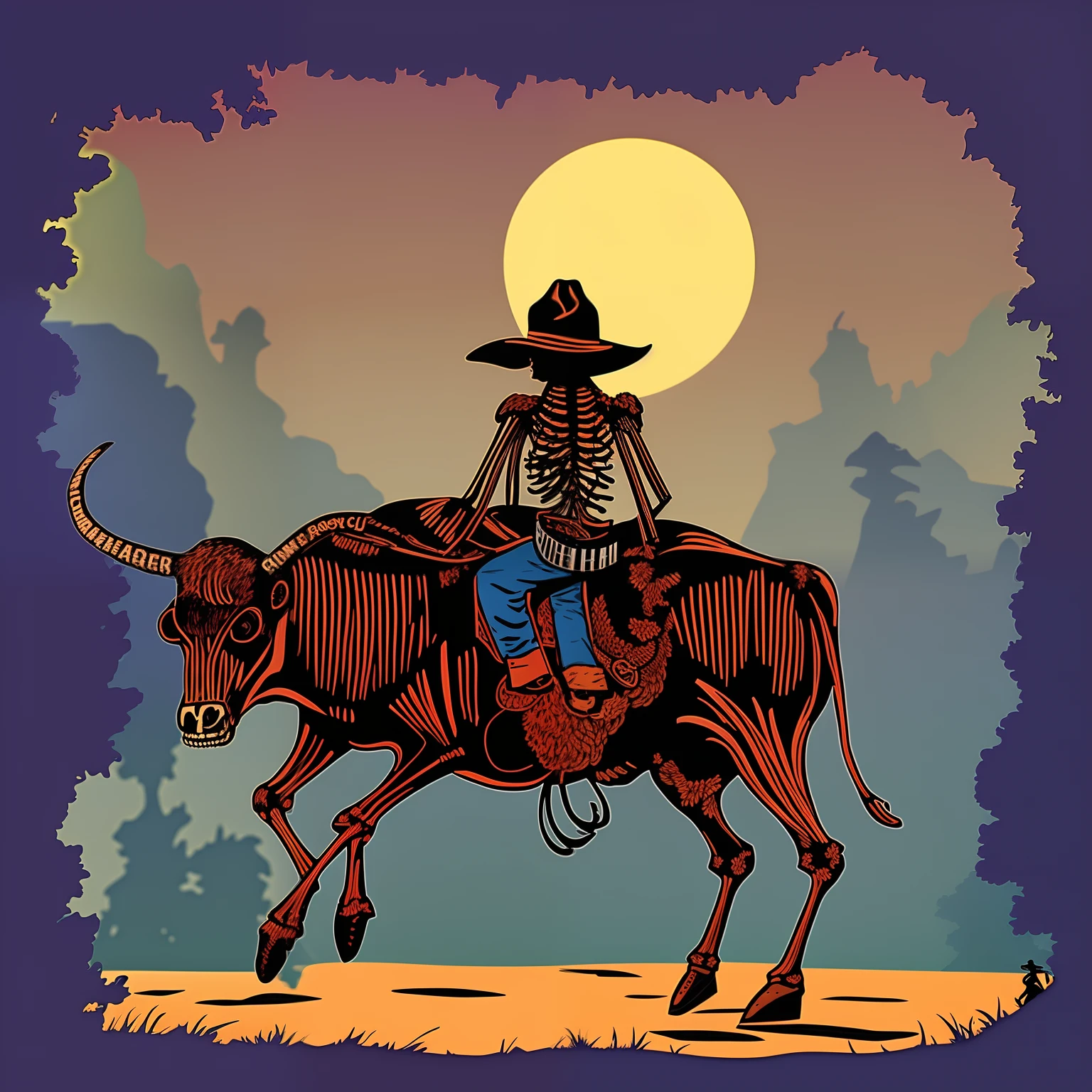 Por favor, Create a digital illustration of a skeleton with a cowboy hat mounted on the back of a brave bull, em estilo vibrante e sonoro