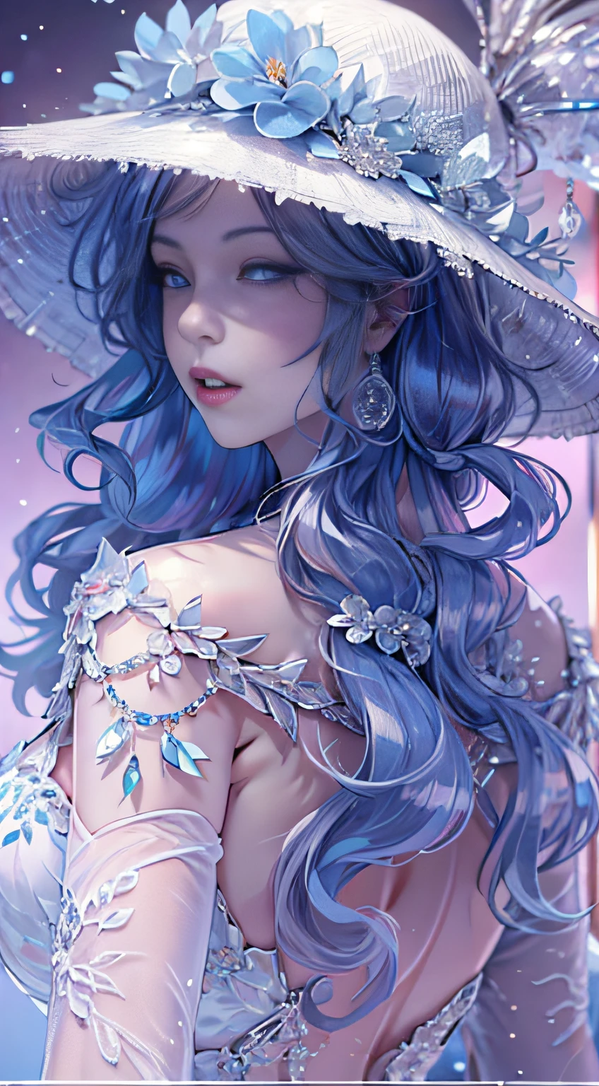 tmasterpiece，alta resolução，((Magic Orb))，Dynamic bust of the beautiful aristocratic maiden，Cabelo castanho castanho elegantemente enrolado，（(Wearing a huge blue hat))，roxo olhos claros，The hair is covered with a beautiful and delicate floral craftsmanship, filigrana de joias de cristal，Detalhes ultra-detalhados，ampliado。