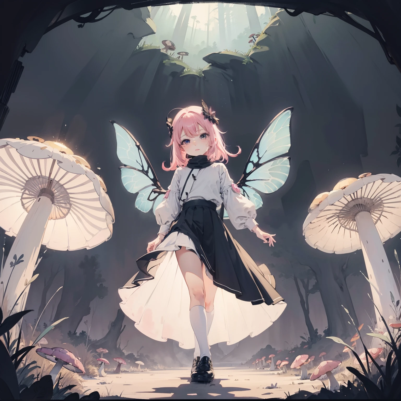 Beautiful and aesthetic,, Solo,Cute,Pink turtleneck,pleatedskirt,Dance,It has dragonfly-like wings and membrane wings,Cogumelos,Mushrooms,Huge mushrooms,spore,(glowing ambiance, enchanting glow, luminouslighting, Ethereal atmosphere,Watercolor illustration, Perfect anatomy, Masterpiece, Best quality, 1girll, Loli,elementary student,Nature, landscape