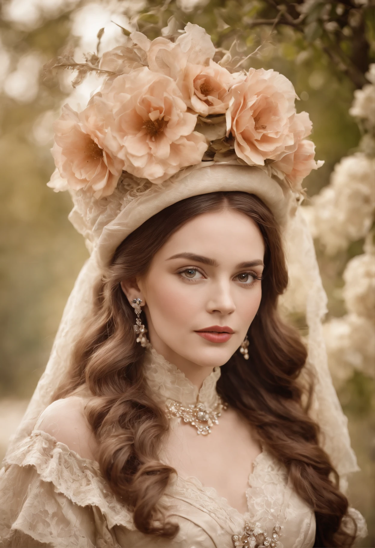 (Masterpiece) An insanely beautiful Victorian lady wearing a rich flowering over the top exaggerated hat, rich jewelry, big earrings, vintage sepia photography, outdoor photography, extremely inviting look, front look, looking at the camera, very old and torned photo