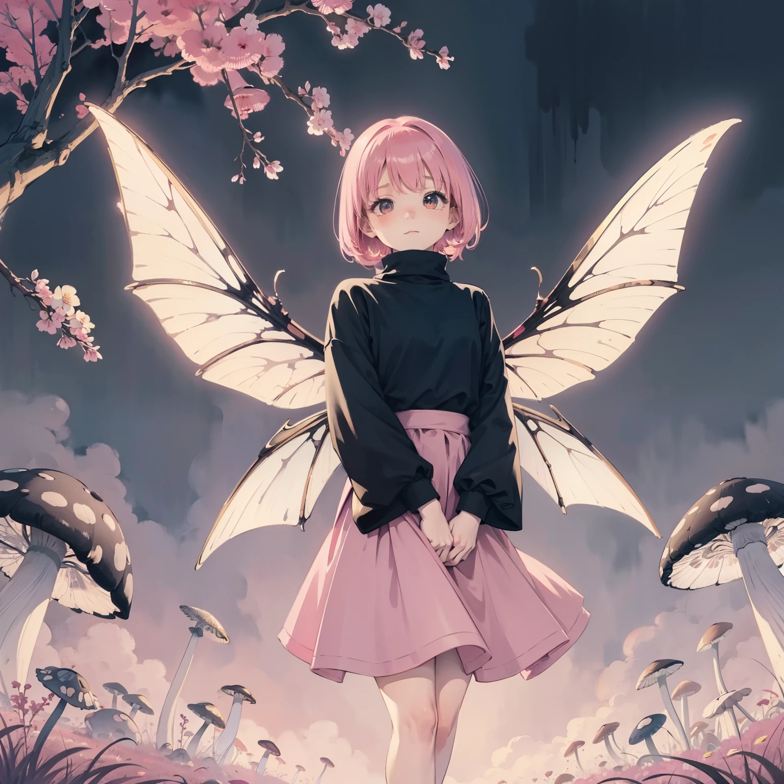 Beautiful and aesthetic,, Solo,Cute,Pink turtleneck,pleatedskirt，Dance，It has dragonfly-like wings and membrane wings，Cogumelos，Mushrooms，Huge mushrooms，spore，(glowing ambiance, enchanting glow, luminouslighting, Ethereal atmosphere,Watercolor illustration, Perfect anatomy, Masterpiece, Best quality, 1girll, Loli,elementary student,Nature, landscape
