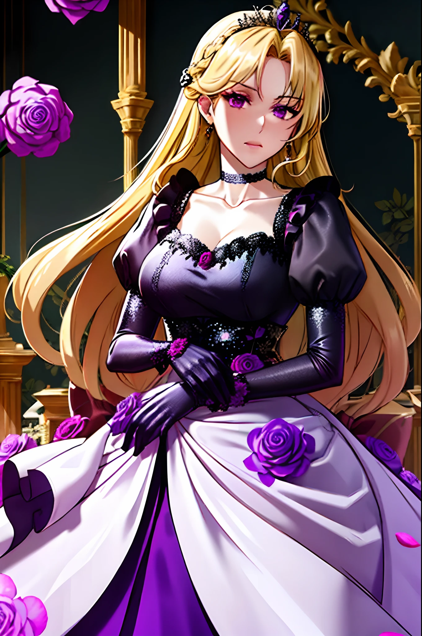 corrupta, shoujo style, floral background, romance manhwa, 1girl, blonde hair, solo, long hair, flower, dress, tiara, white dress, gloves, long sleeves, choker, purple eyes, white gloves, purple bow, purple flower, wavy hair, standing, bow, jewelry, looking at viewer, white background, closed mouth, collarbone, puffy sleeves, own hands together, upper body, parted bangs, very long hair, purple dress, frills, bangs, cowboy shot