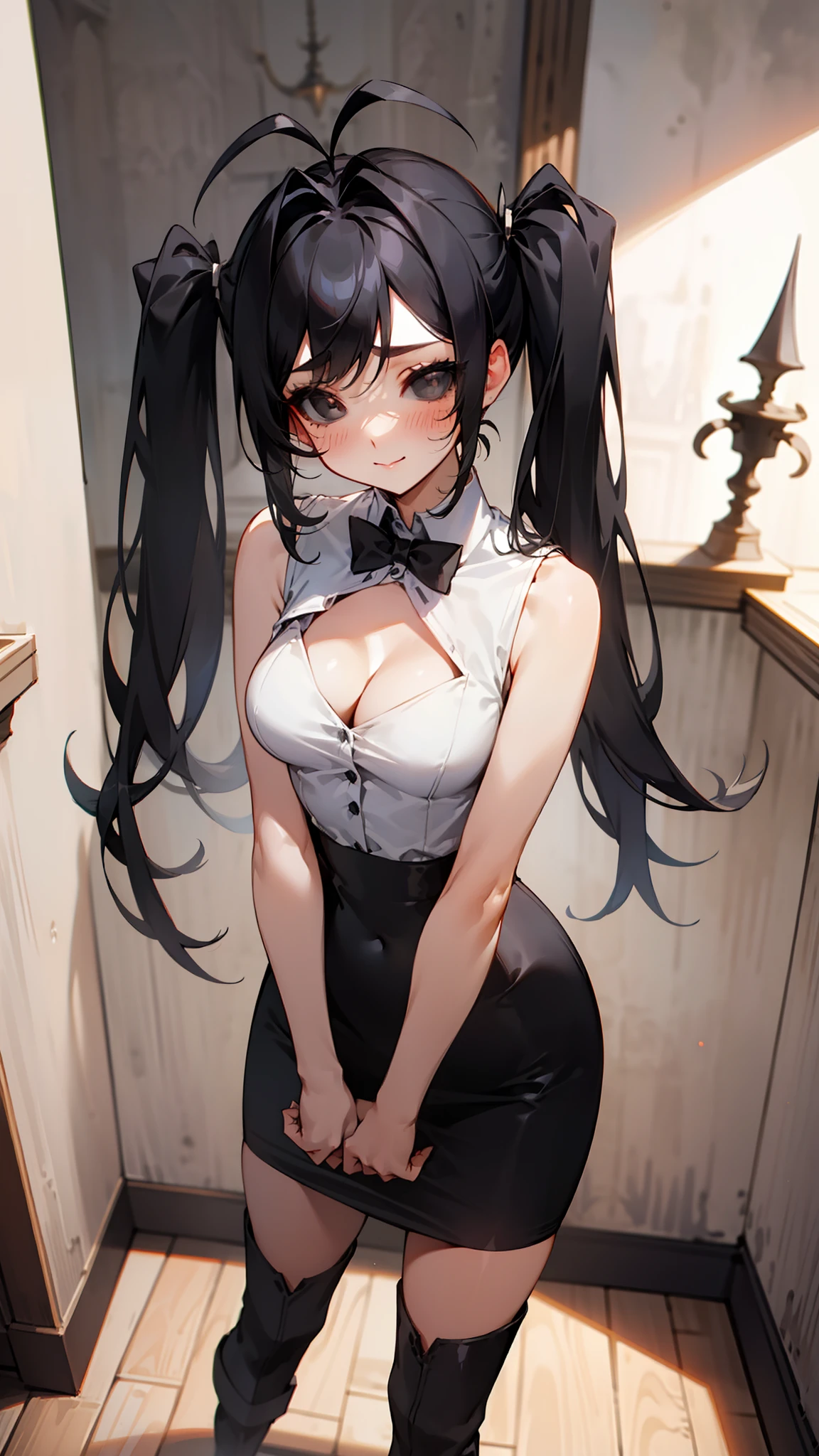 1girl, medium breasts, cleavage,, twintails,white shirt,sleeveless,black pencil skirt,black long boots,solo,long hair,(((hair 2antenna))),black eyes,black hair,black sclera,cute,(standing in a room in castle),happy,blush,cowboy shot