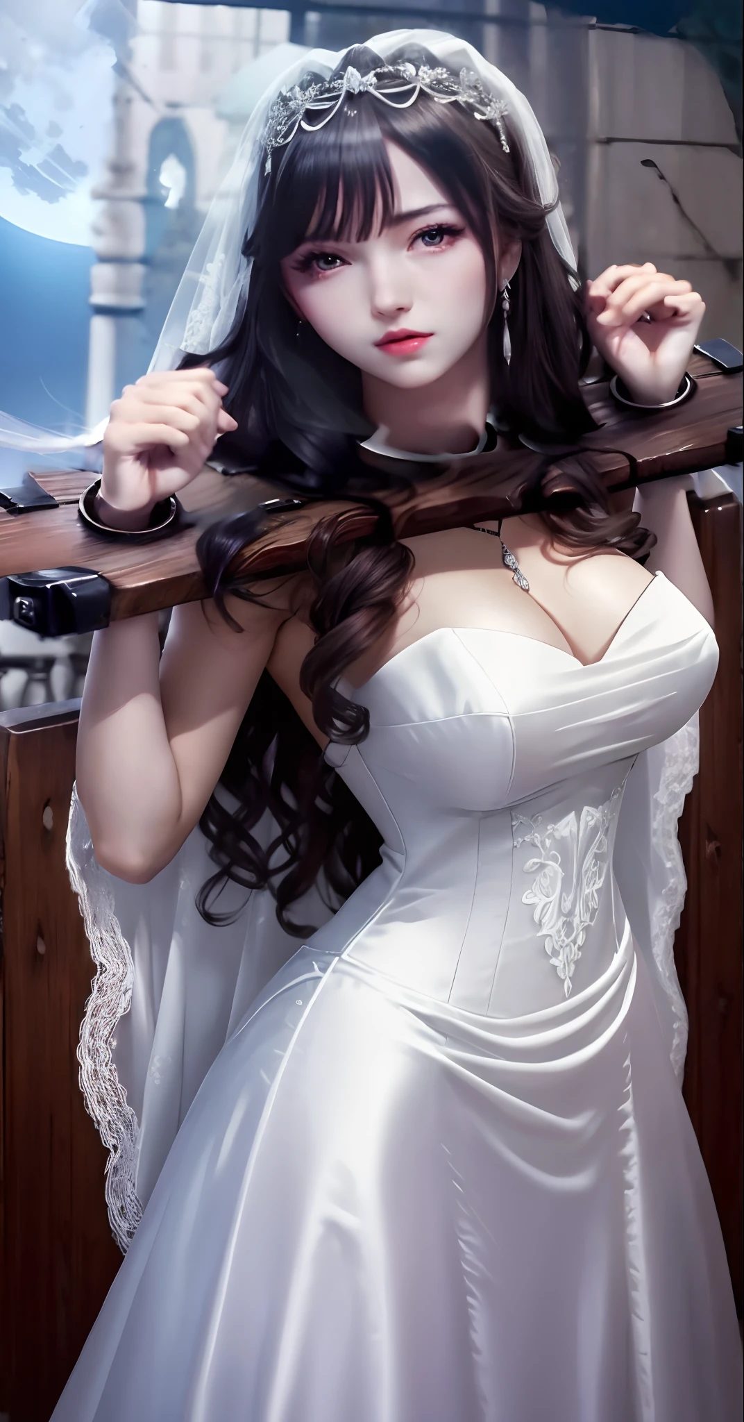 Close-up of a beautiful bride in a beautiful wedding dress, Gurvetz,( pillory:1.5), Flail on the head, Flail on the hands, Flail,(Bridal veil: 1.5), (Short transparent veil: 1.5), Flushed face, Head flower, head gear, (Tubular wedding dress: 1.5), (Silk dress: 1.2 ), (Strapless wedding dress: 1.5), Pure white dress, necklace, Earrings, (Huge breasts: 1.3), Deep V heart collar wedding dress, bangs, lipstick, (Lace gloves: 1.3), Full body photo, High detail RAW color art, a white long skirt, Whole body, with hands behind her back, and floor-length skirts,