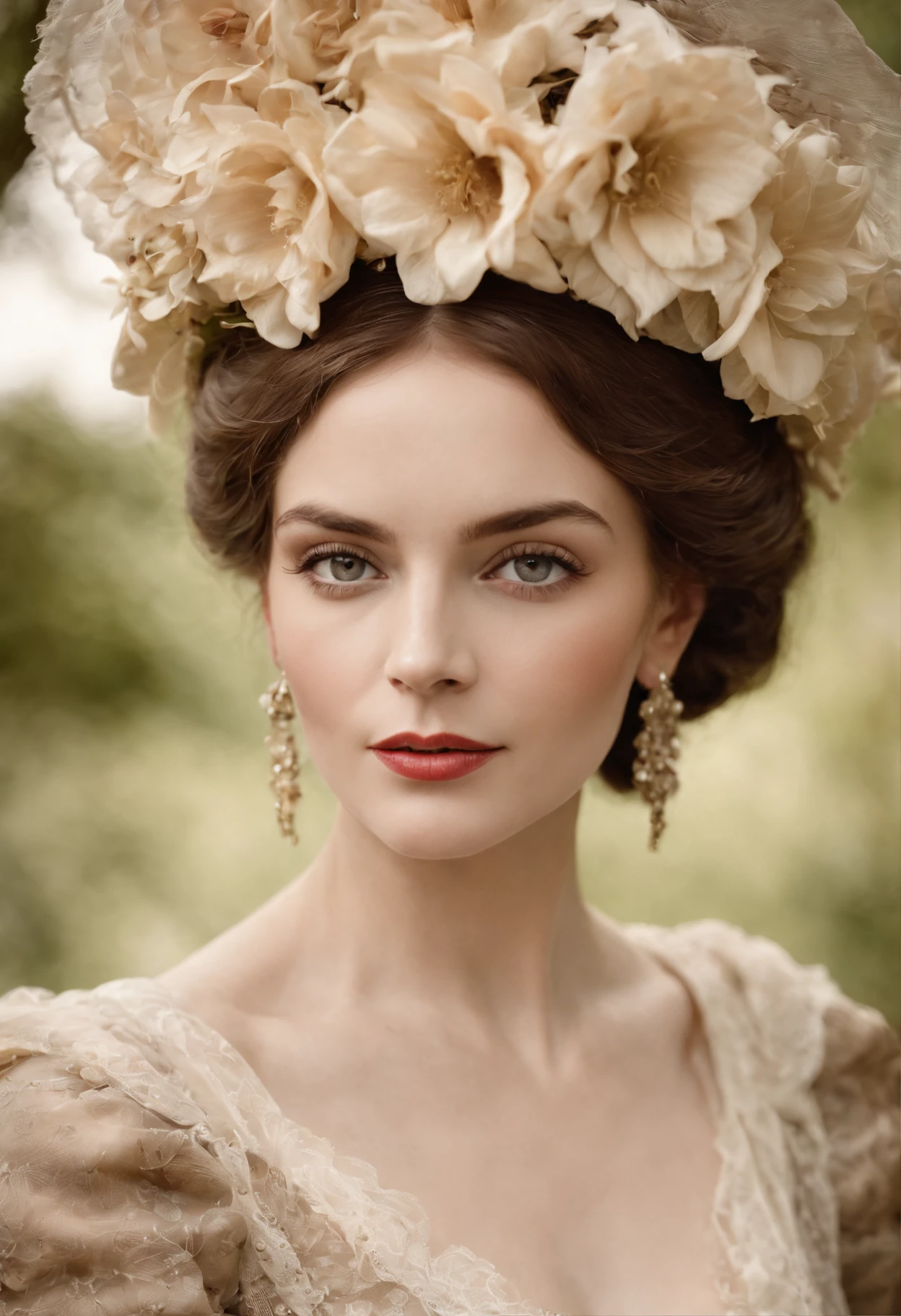 (Masterpiece) An insanely beautiful Victorian lady wearing a rich flowering over the top exaggerated hat, rich jewelry, big earrings, vintage sepia photography, outdoor photography, extremely inviting look, front look, looking at the camera, very old and torned photo