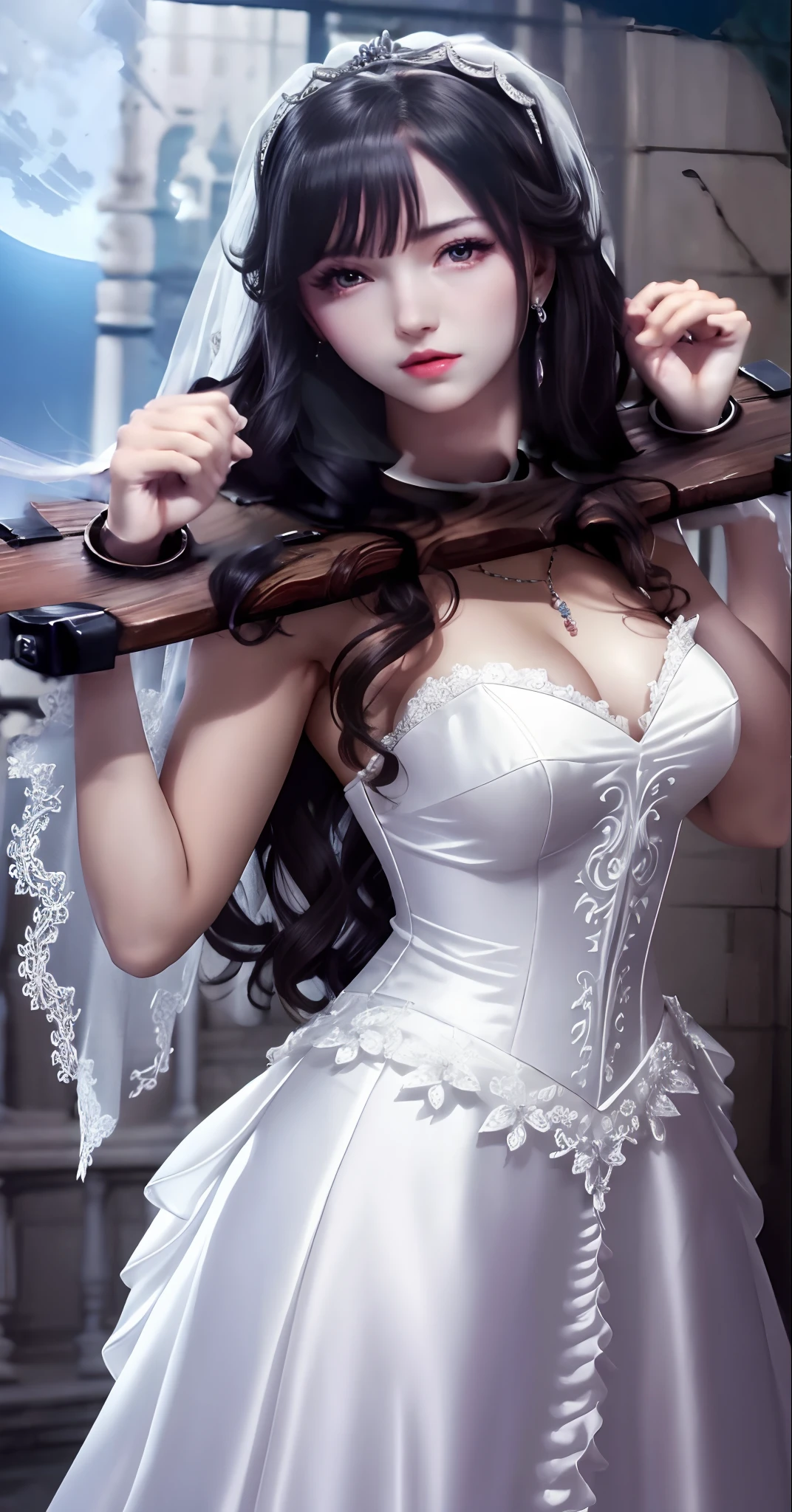 Close-up of a beautiful bride in a beautiful wedding dress, Gurvetz,（ pillory：1.5）, Flail on the head, Flail on the hands, Flail,(Bridal veil: 1.5), (Short transparent veil: 1.5), Flushed face, Head flower, head gear, (Tubular wedding dress: 1.5), (Silk dress: 1.2 ), (Strapless wedding dress: 1.5), Pure white dress, necklace, Earrings, (Huge breasts: 1.3), Deep V heart collar wedding dress, bangs, lipstick, (Lace gloves: 1.3), Full body photo, High detail RAW color art, a white long skirt, Whole body, with hands behind her back, and floor-length skirts,