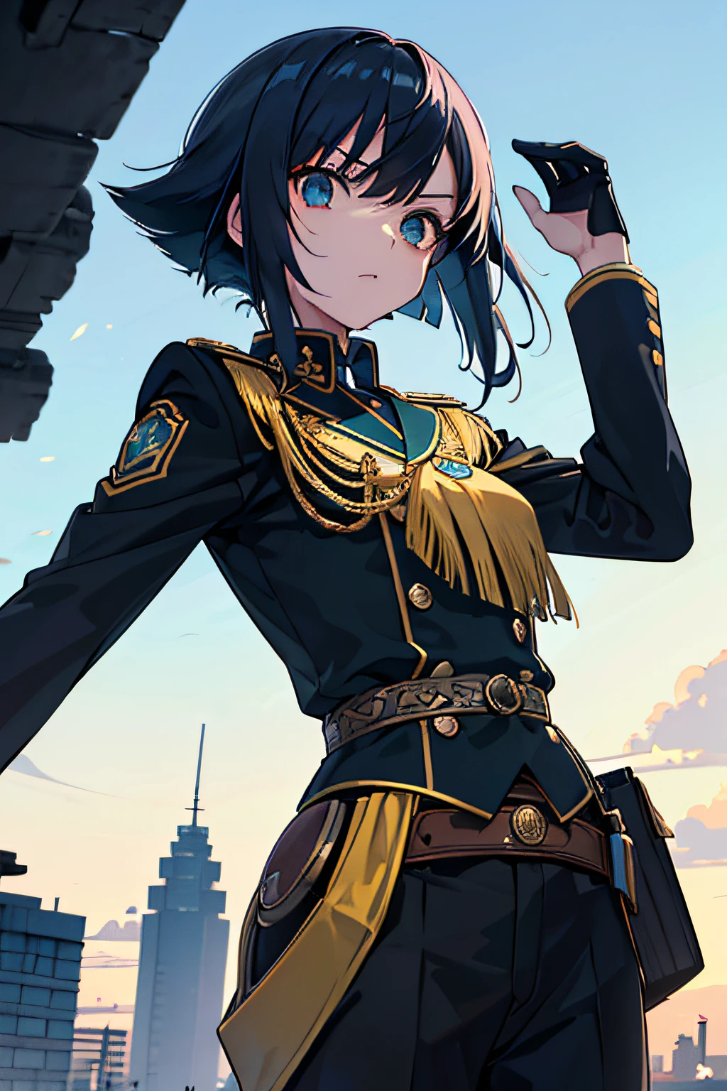 (Estilo anime), (estilo de anime dos anos 80), (mysterious and dystopian), (garota), (Cultura tucana), (Tucano Accessories), (Facing the camera with a dynamic angle), (dynamic camera), (wearing the country's military school uniform with the Tucana Culture), (a dystopian country with a culture based on Brazilian toucans from Tocantins), (cores escuras e sombrias), (extremely high-resolution), (smooth rendering), (cabelo curto), (((boina militar preta com grande faixa roxa))), (angry expression), (Blue band on right arm with college symbol)